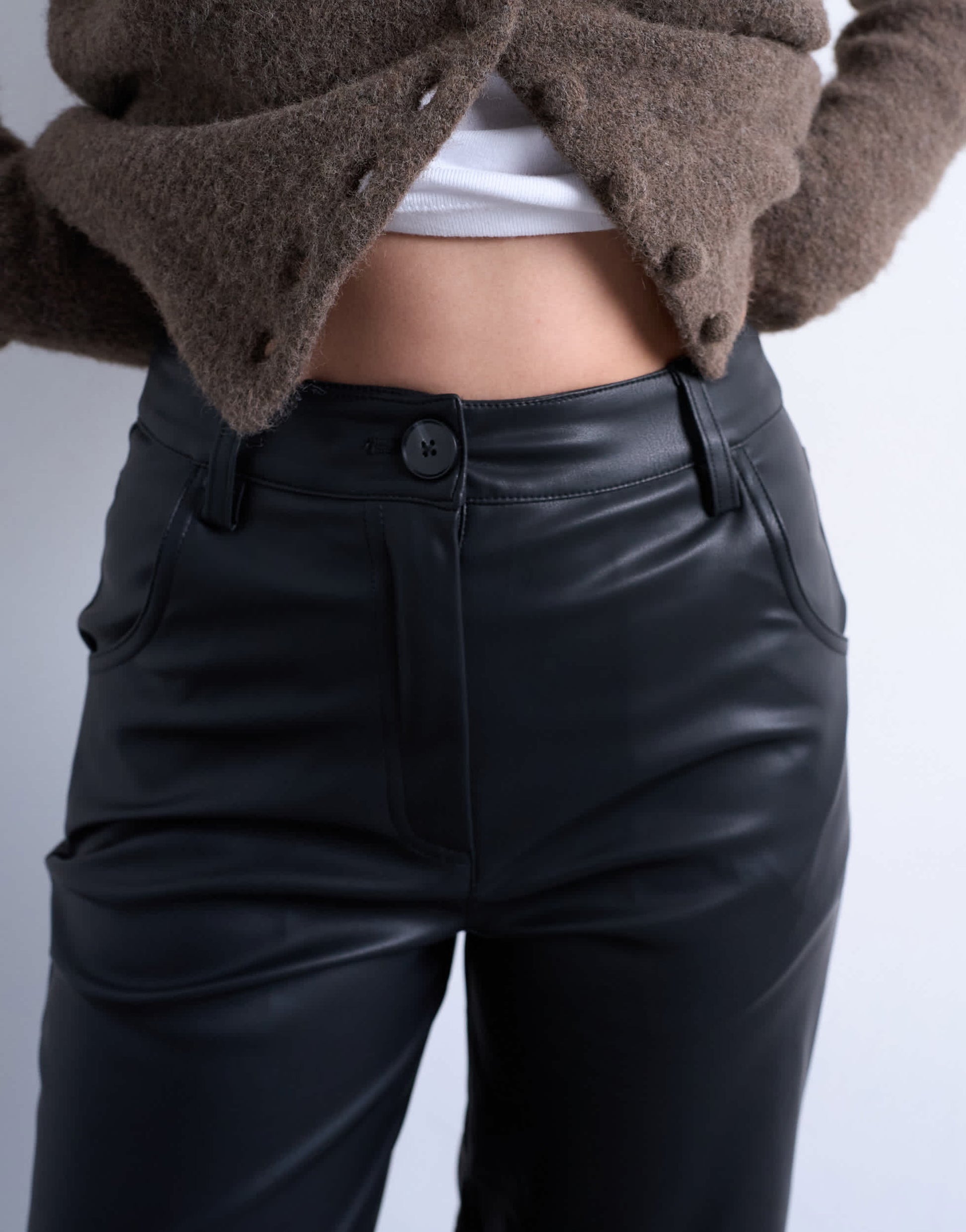 Topshop faux leather seam detail straight leg trouser in black