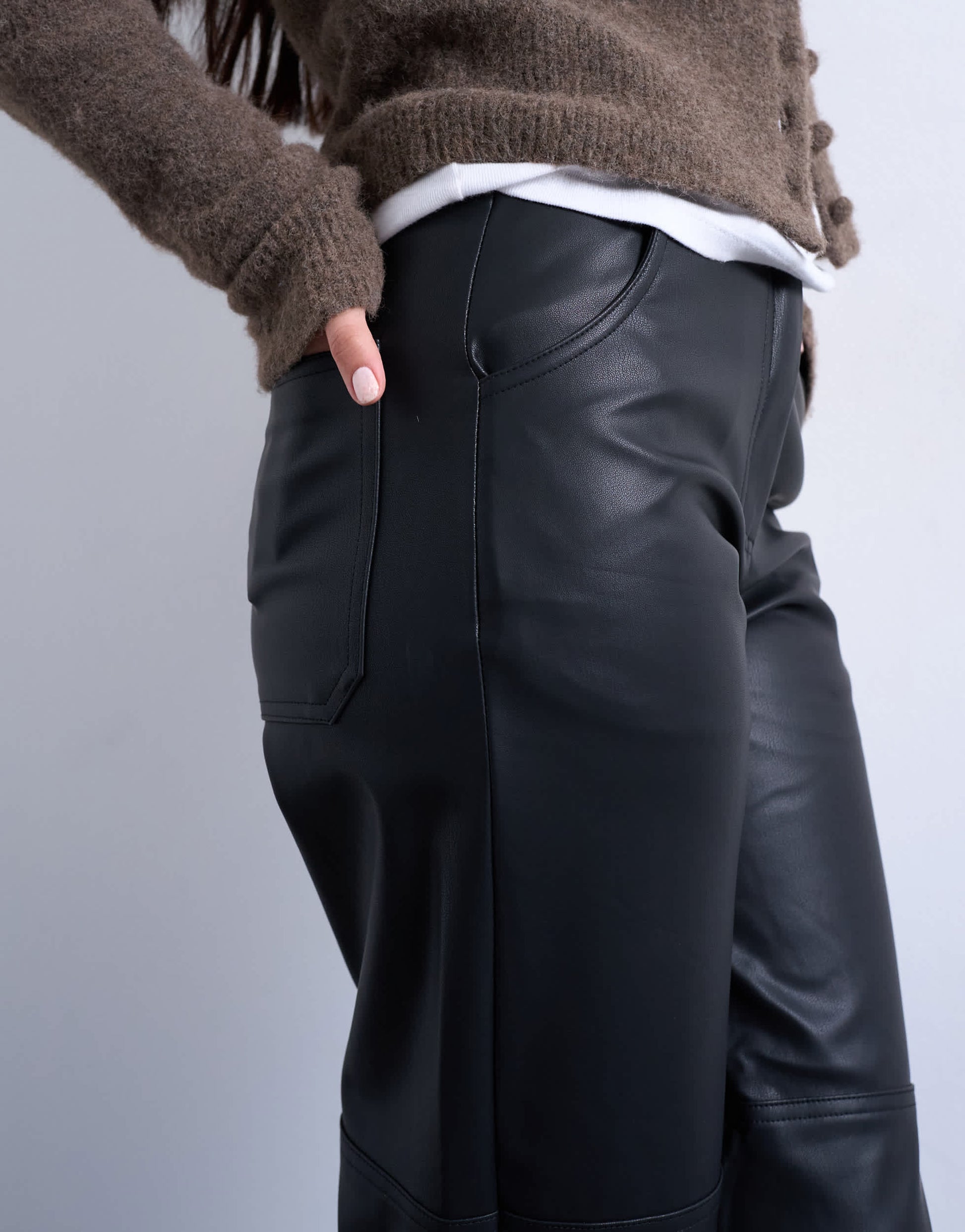 Topshop faux leather seam detail straight leg trouser in black