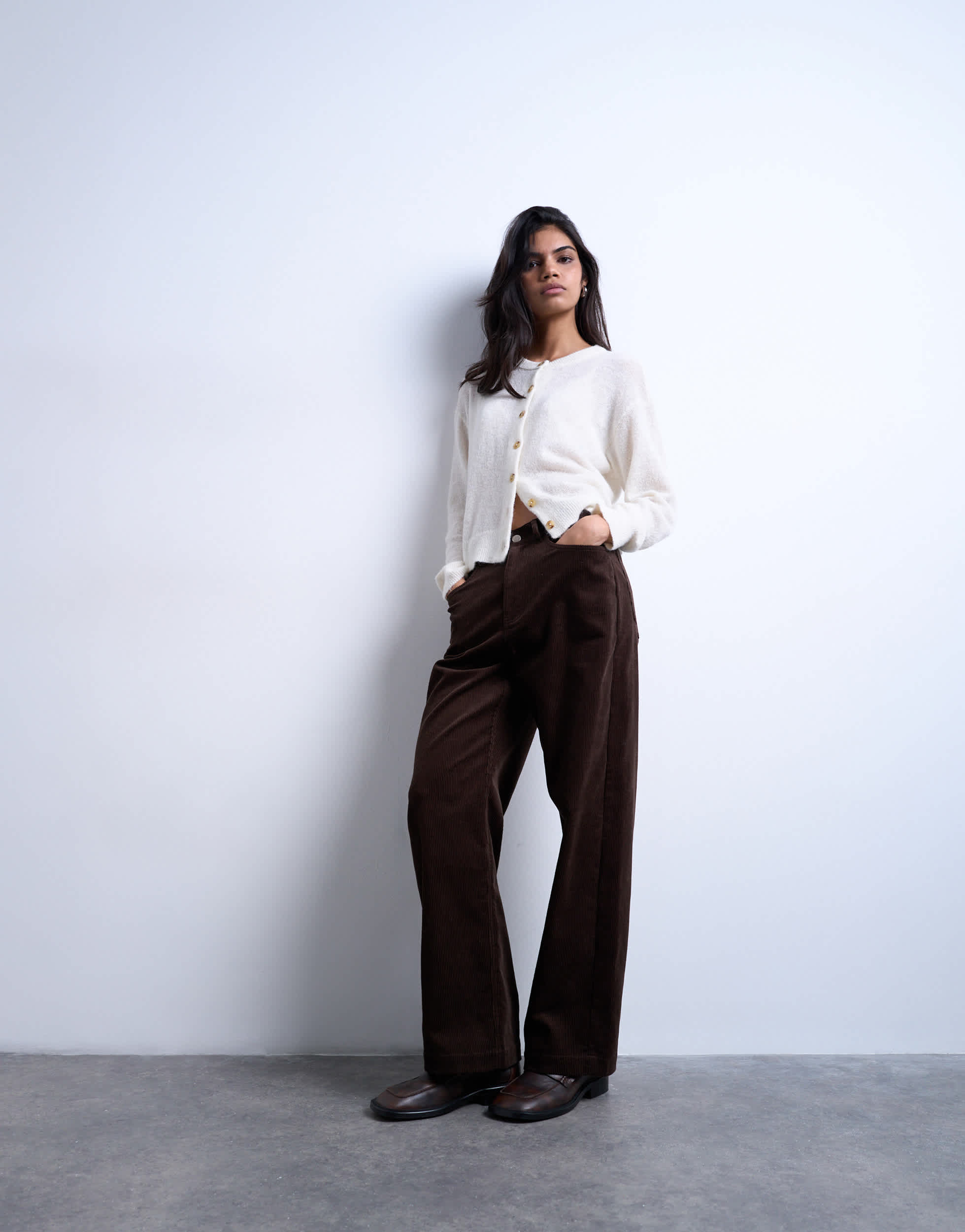 Topshop cord slouchy low slung trouser in chocolate