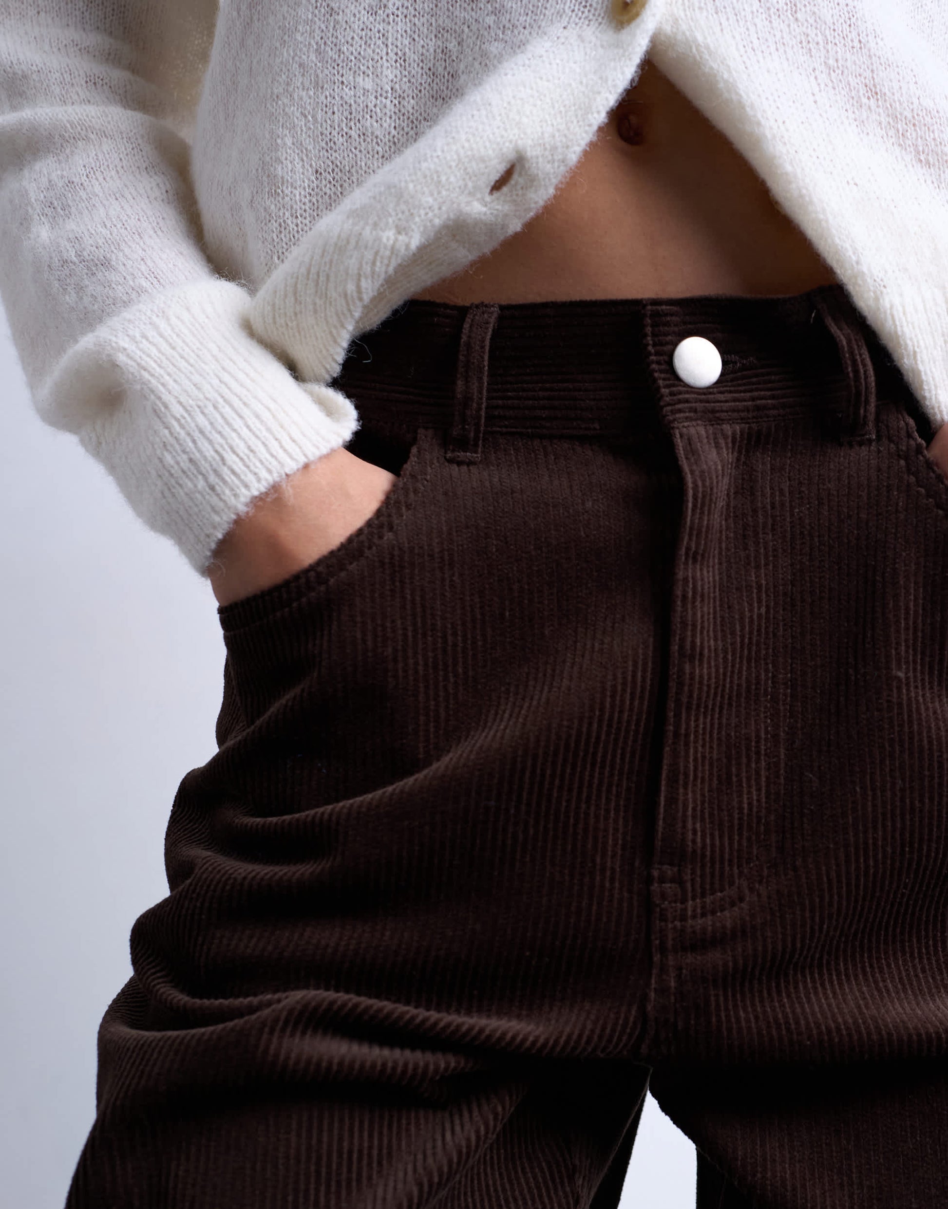 Topshop cord slouchy low slung trouser in chocolate