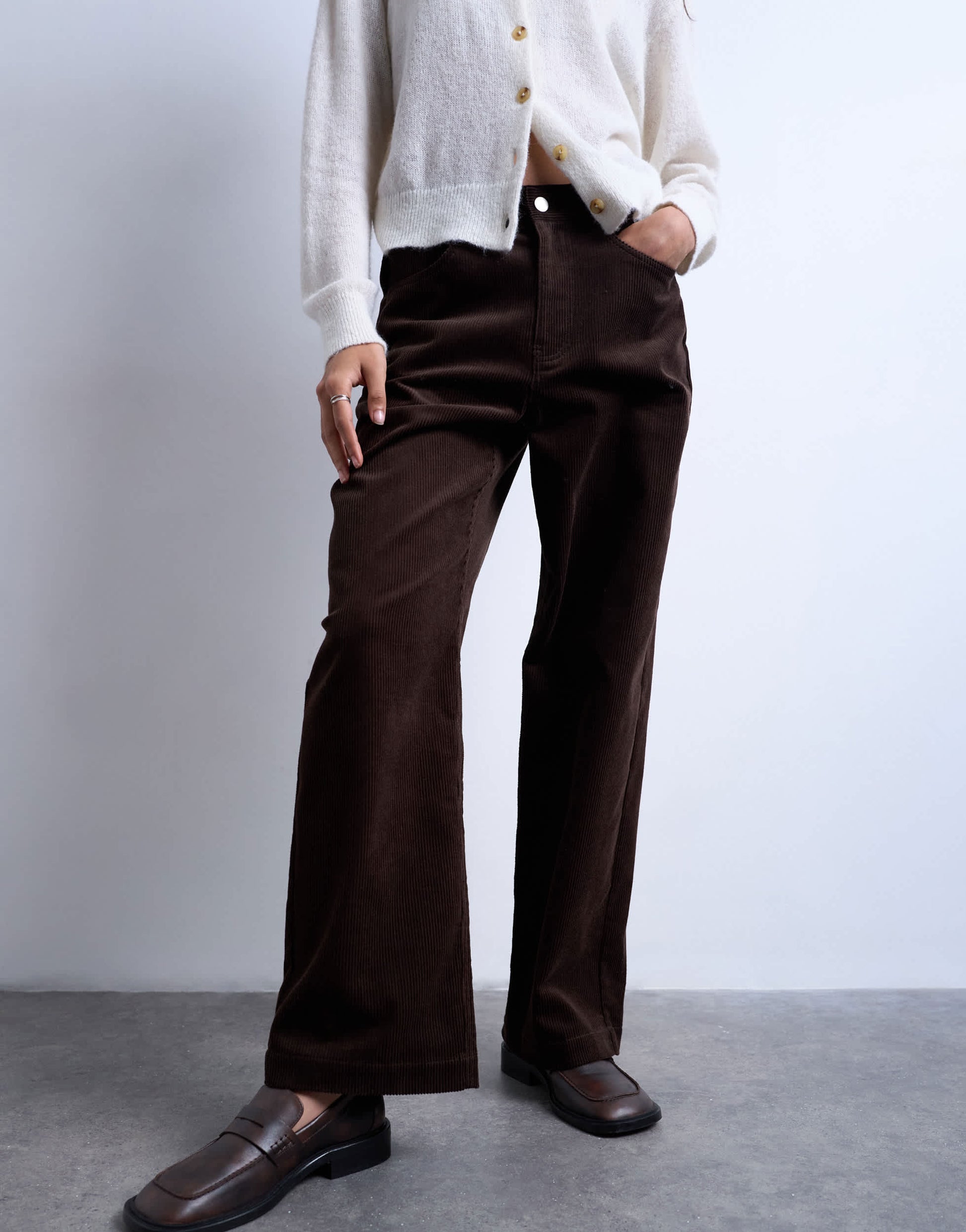 Topshop cord slouchy low slung trouser in chocolate