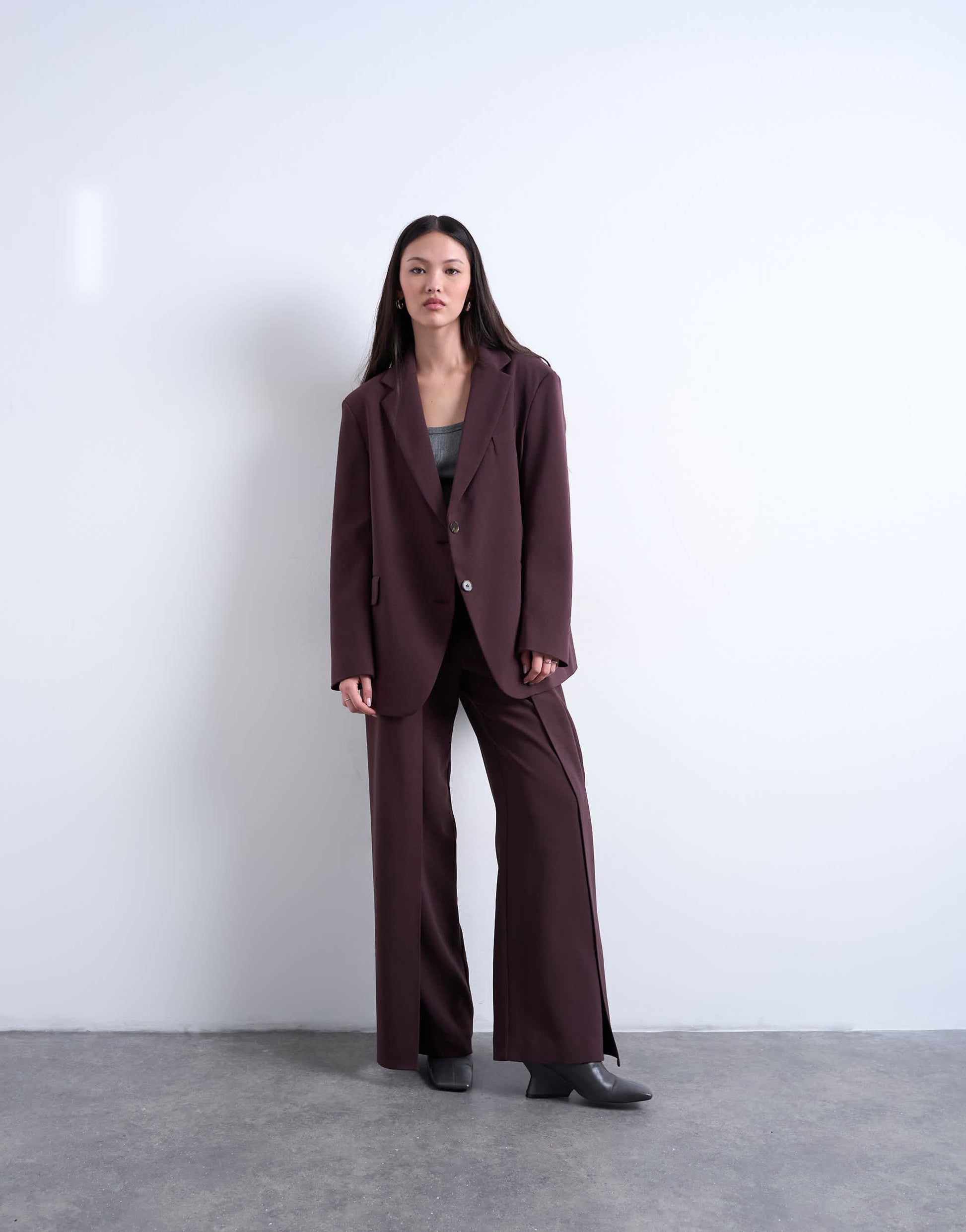 Topshop co ord double pleated straight leg trouser in plum chocolate