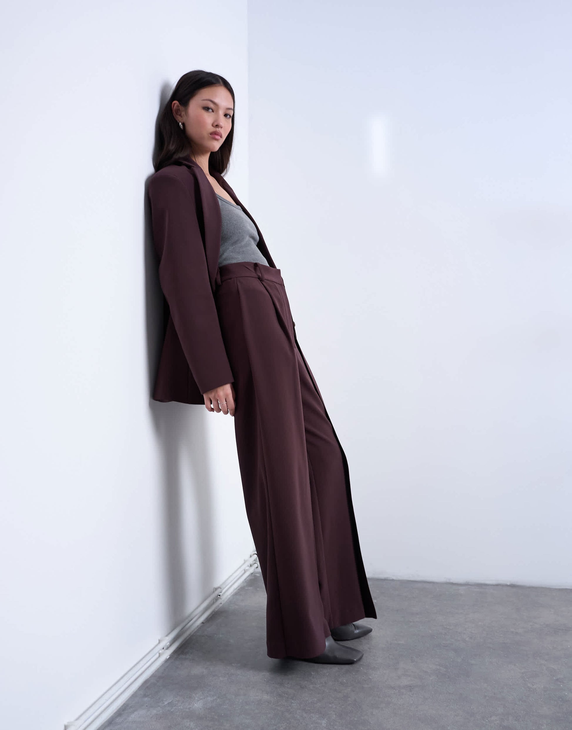Topshop co ord double pleated straight leg trouser in plum chocolate
