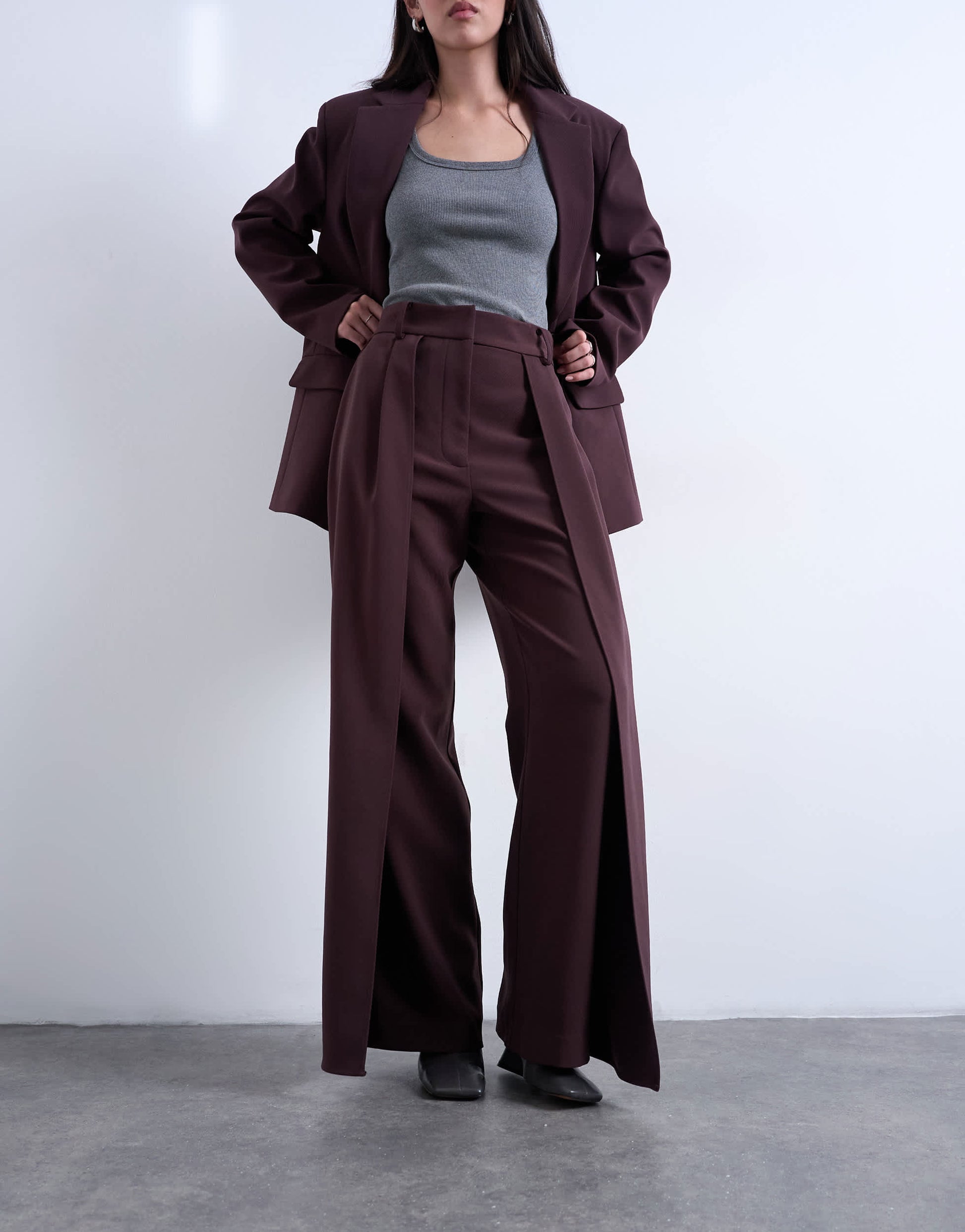 Topshop co ord double pleated straight leg trouser in plum chocolate