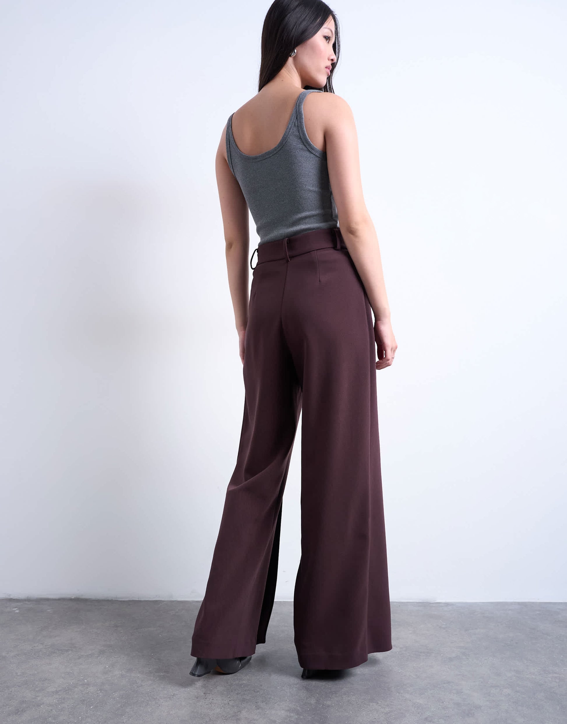 Topshop co ord double pleated straight leg trouser in plum chocolate