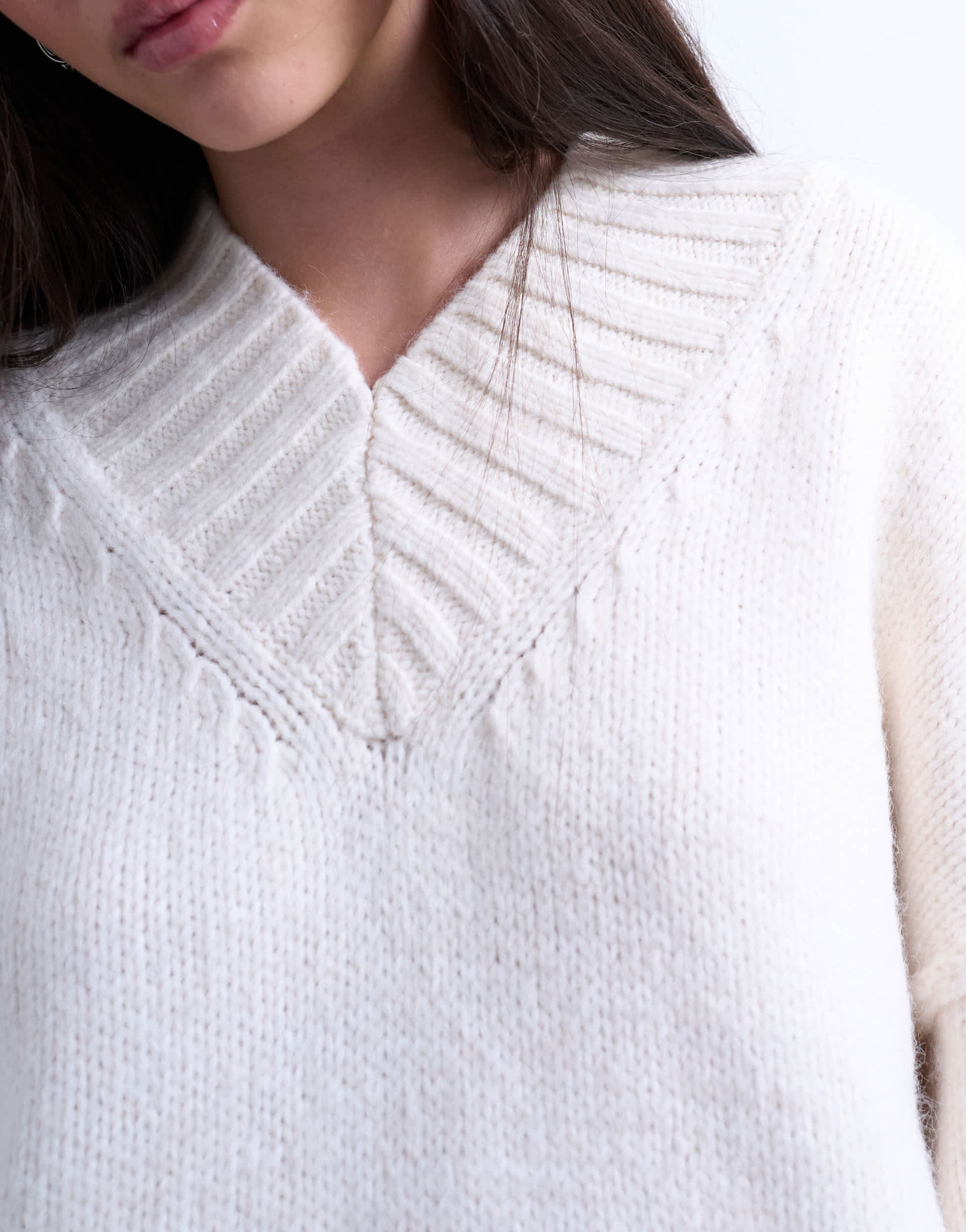 Topshop knitted high v-neck mini oversized jumper dress in ivory