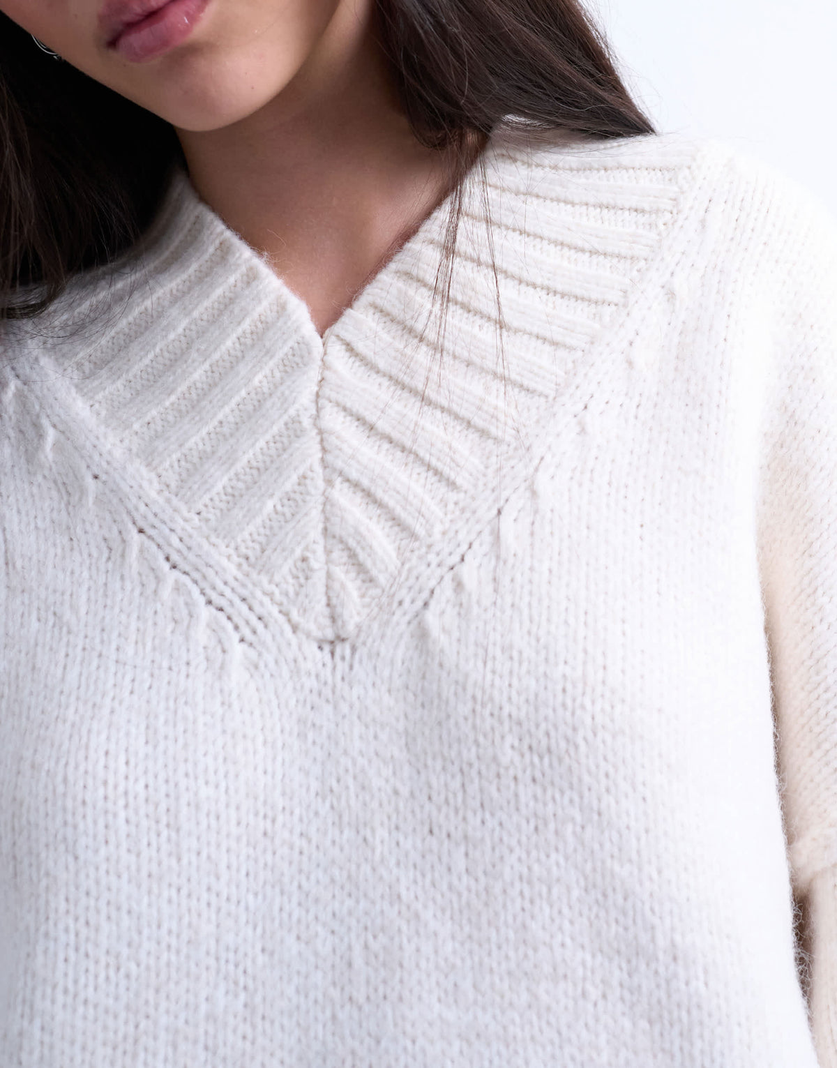 Topshop knitted high v-neck mini oversized jumper dress in ivory