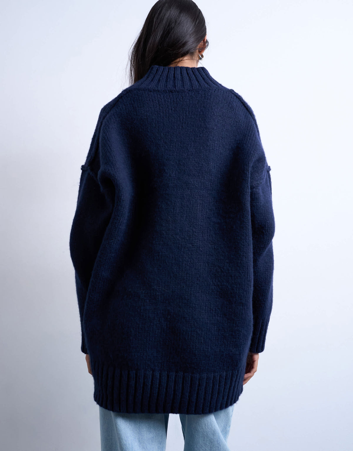Topshop Knitted High V-Neck Oversized Longline Jumper in Navy