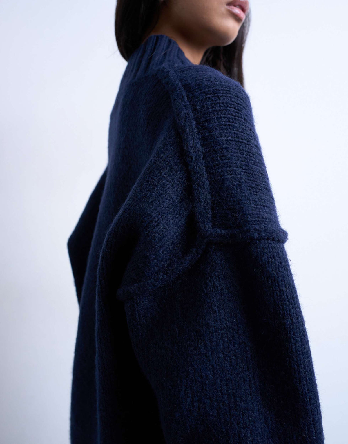 Topshop Knitted High V-Neck Oversized Longline Jumper in Navy