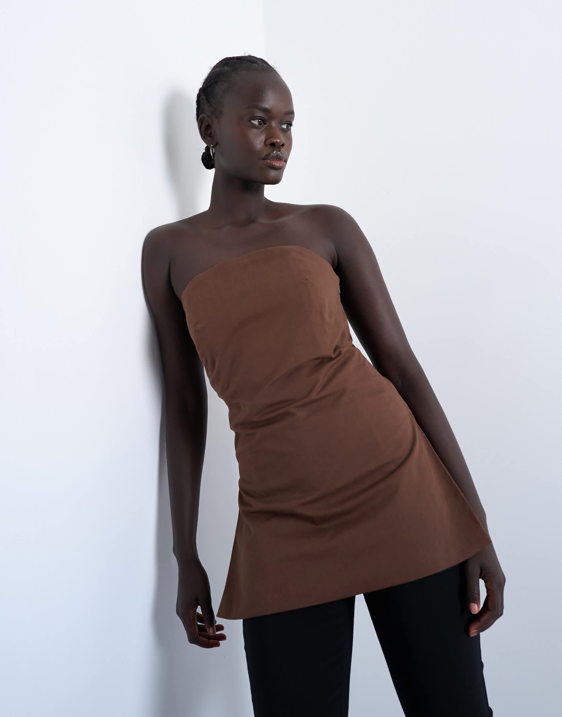 Topshop Longline-Tunika-Bandeau-Top in Schokoladenbraun