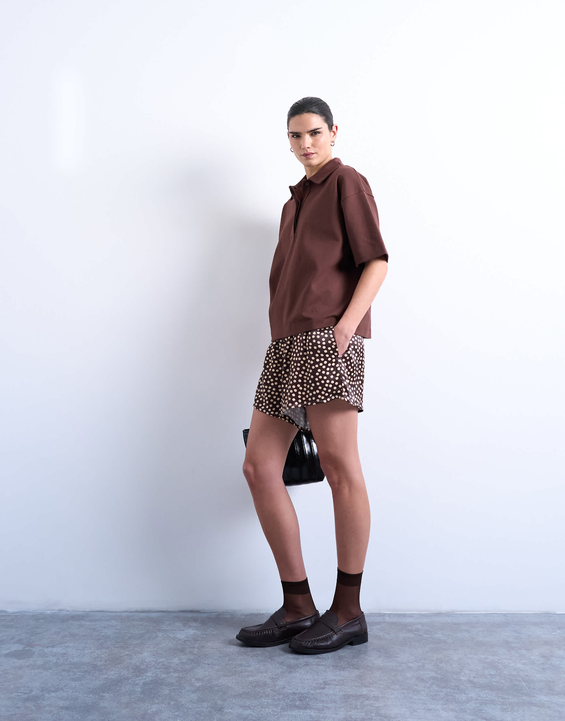 Topshop satin boxer short in brown polka dot