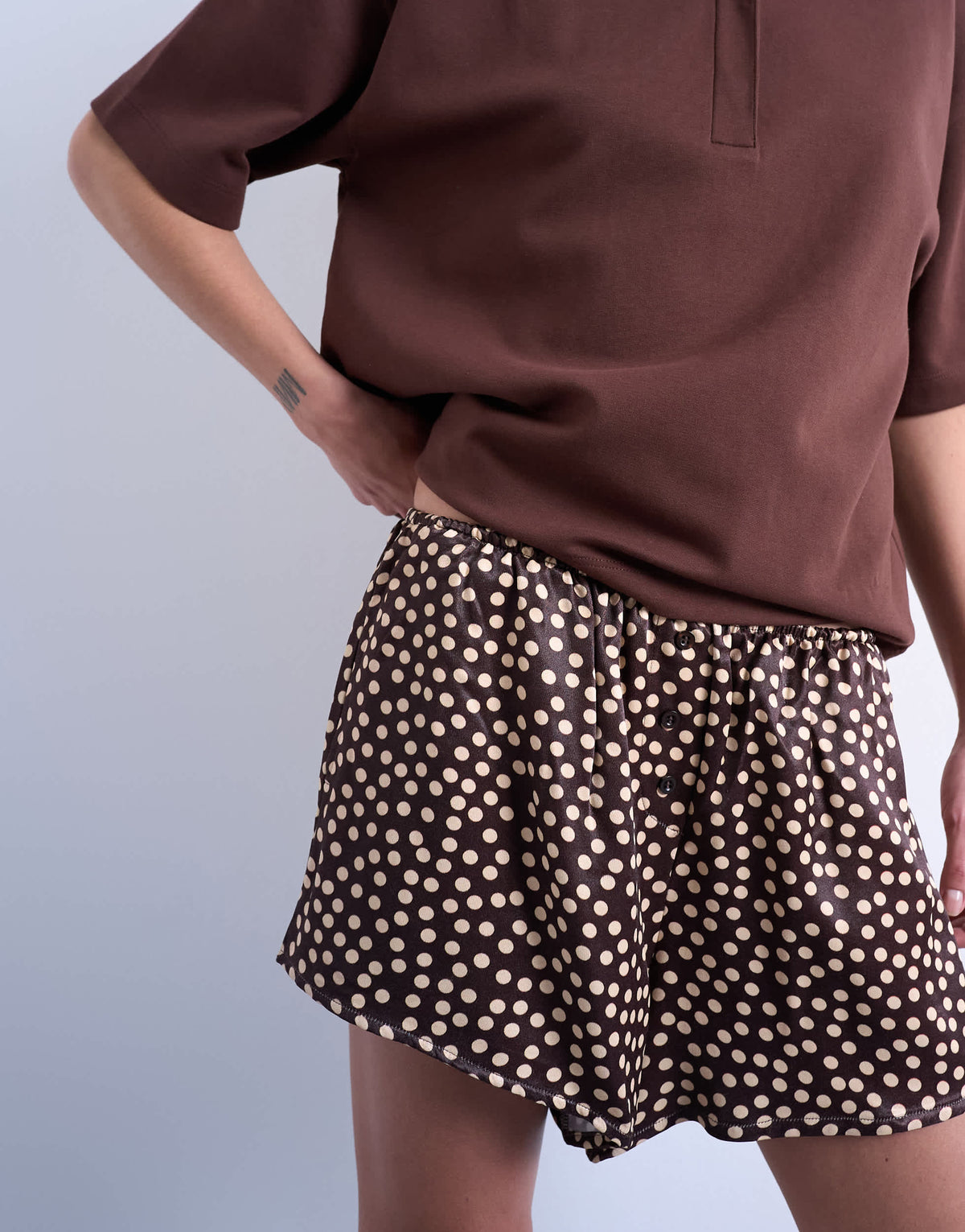 Topshop satin boxer short in brown polka dot
