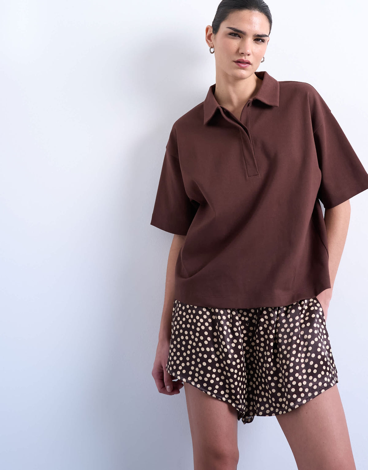 Topshop satin boxer short in brown polka dot