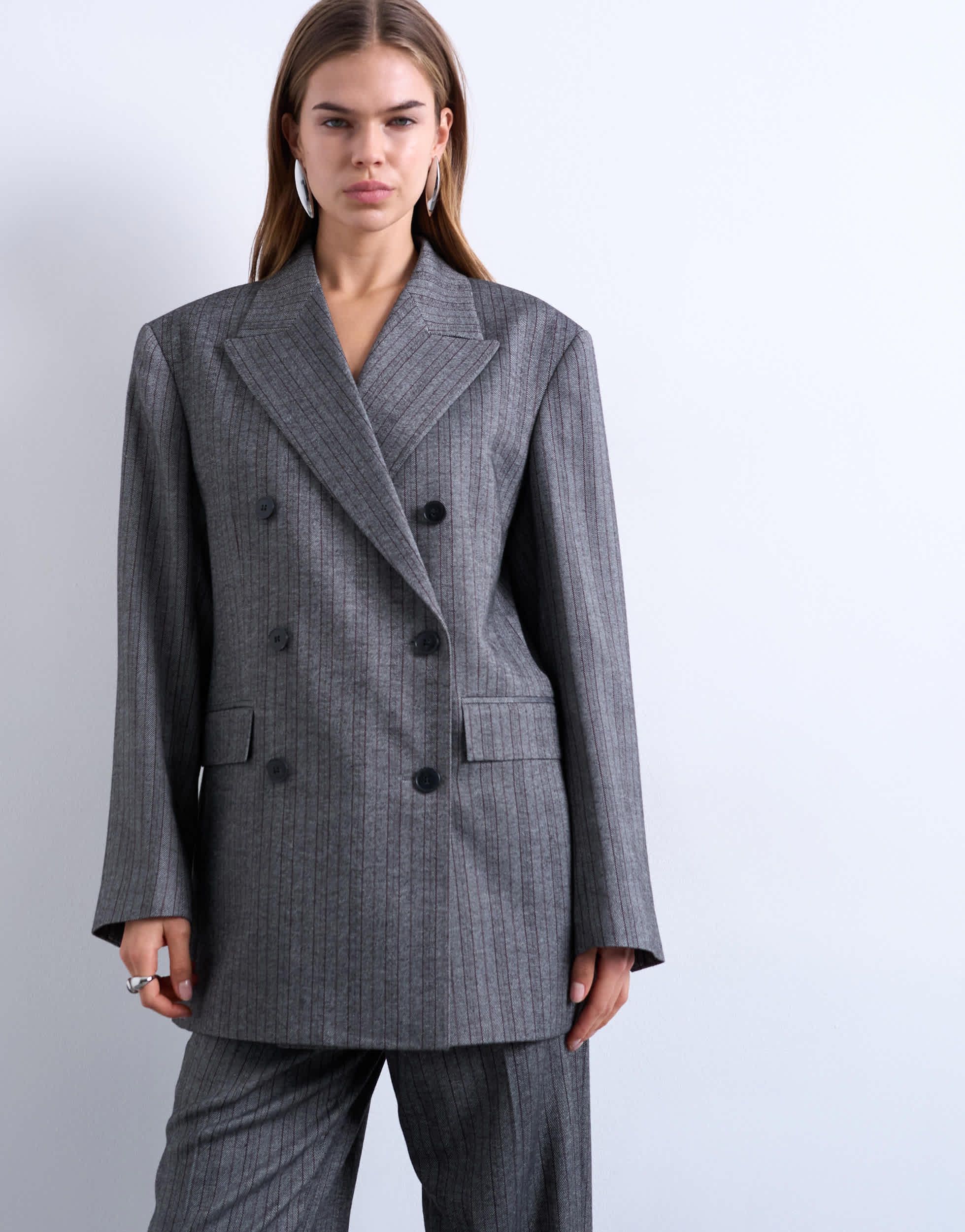 Topshop 6 button herringbone stripe double breasted tuxedo blazer in grey