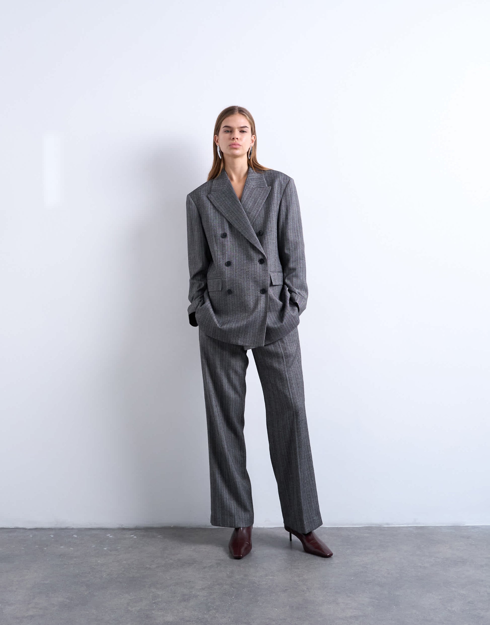 Topshop 6 button herringbone stripe double breasted tuxedo blazer in grey