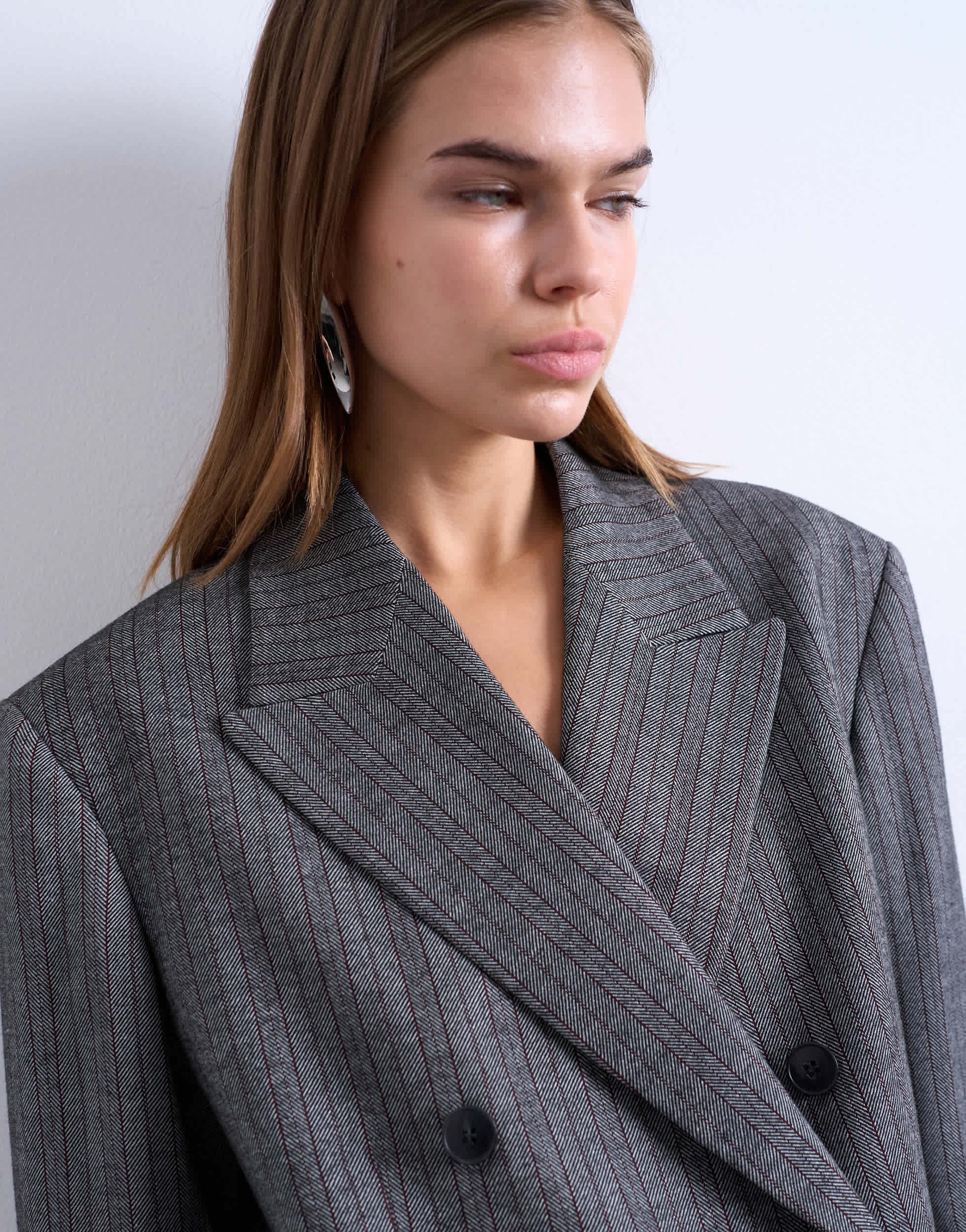 Topshop 6 button herringbone stripe double breasted tuxedo blazer in grey