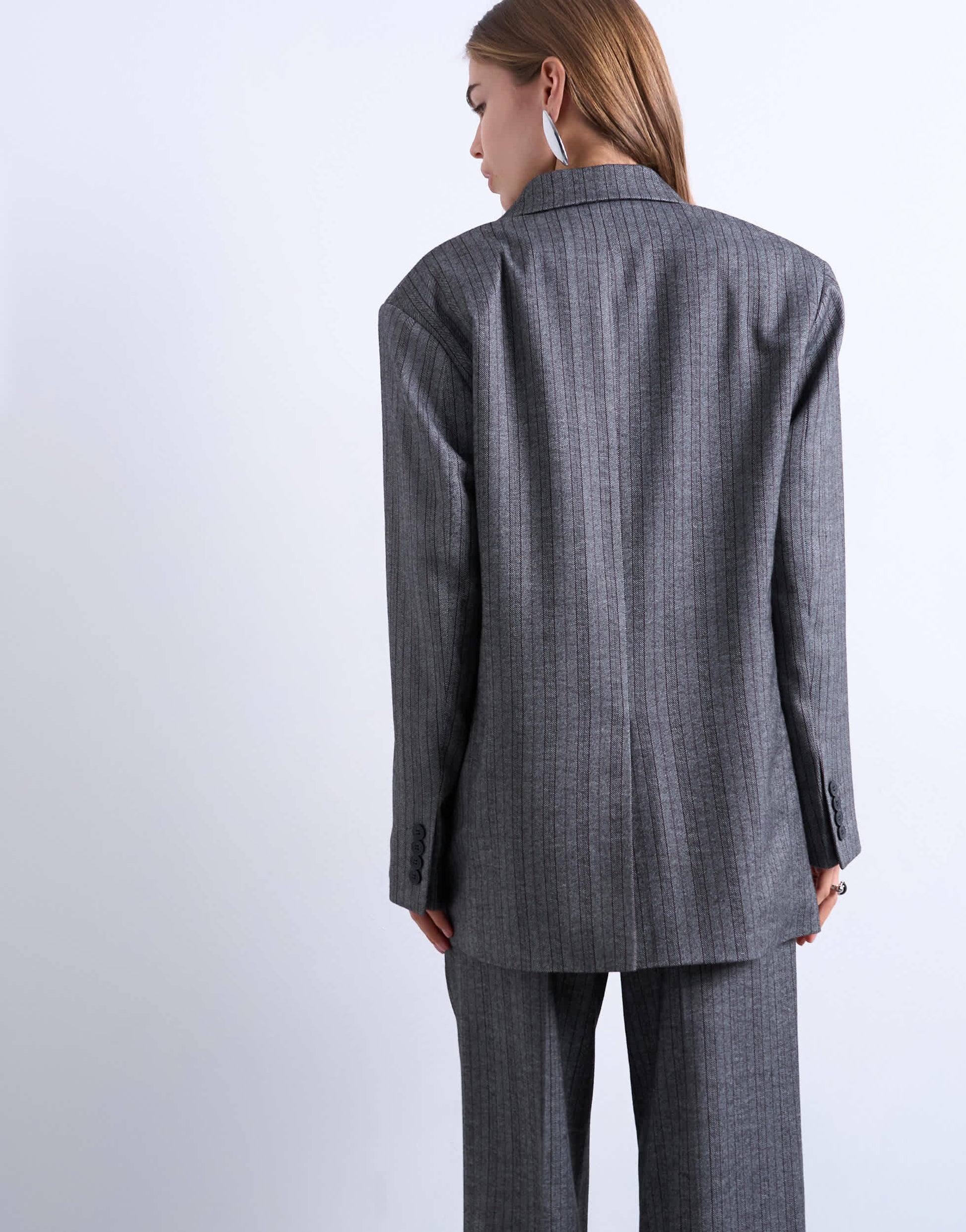 Topshop 6 button herringbone stripe double breasted tuxedo blazer in grey