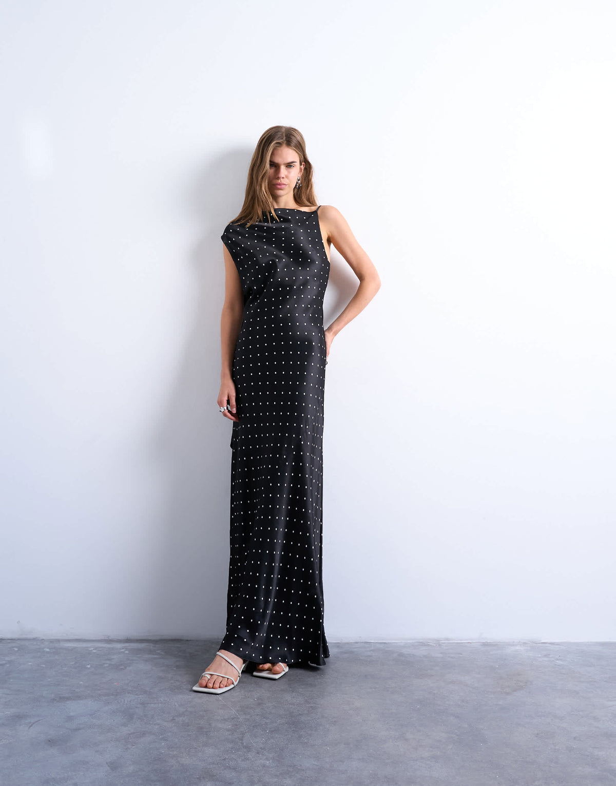 Topshop ruched side midi dress with drape back detail in black polka dot