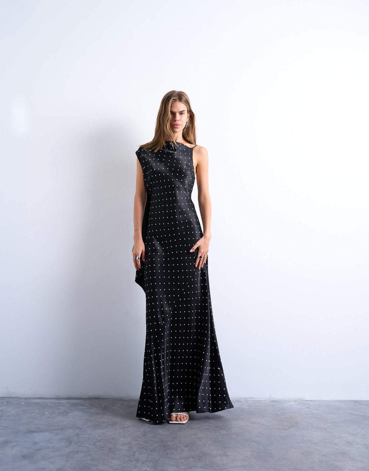 Topshop ruched side midi dress with drape back detail in black polka dot