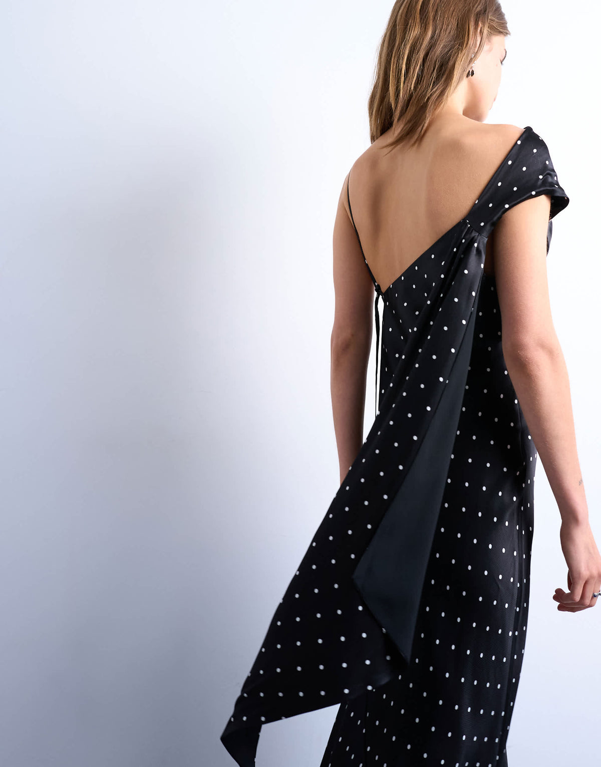 Topshop ruched side midi dress with drape back detail in black polka dot