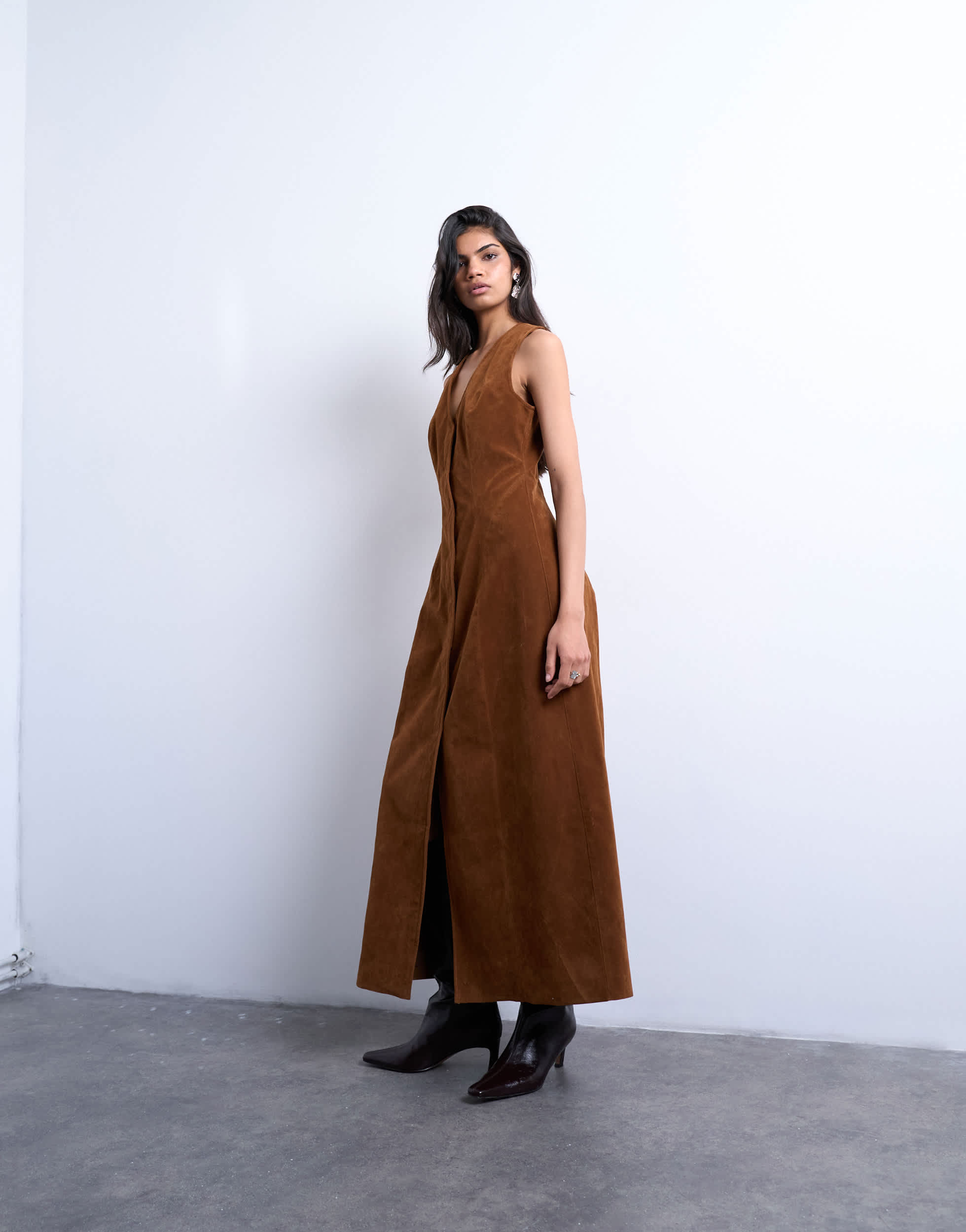 Topshop faux suede hidden button plaquette midi dress in brown