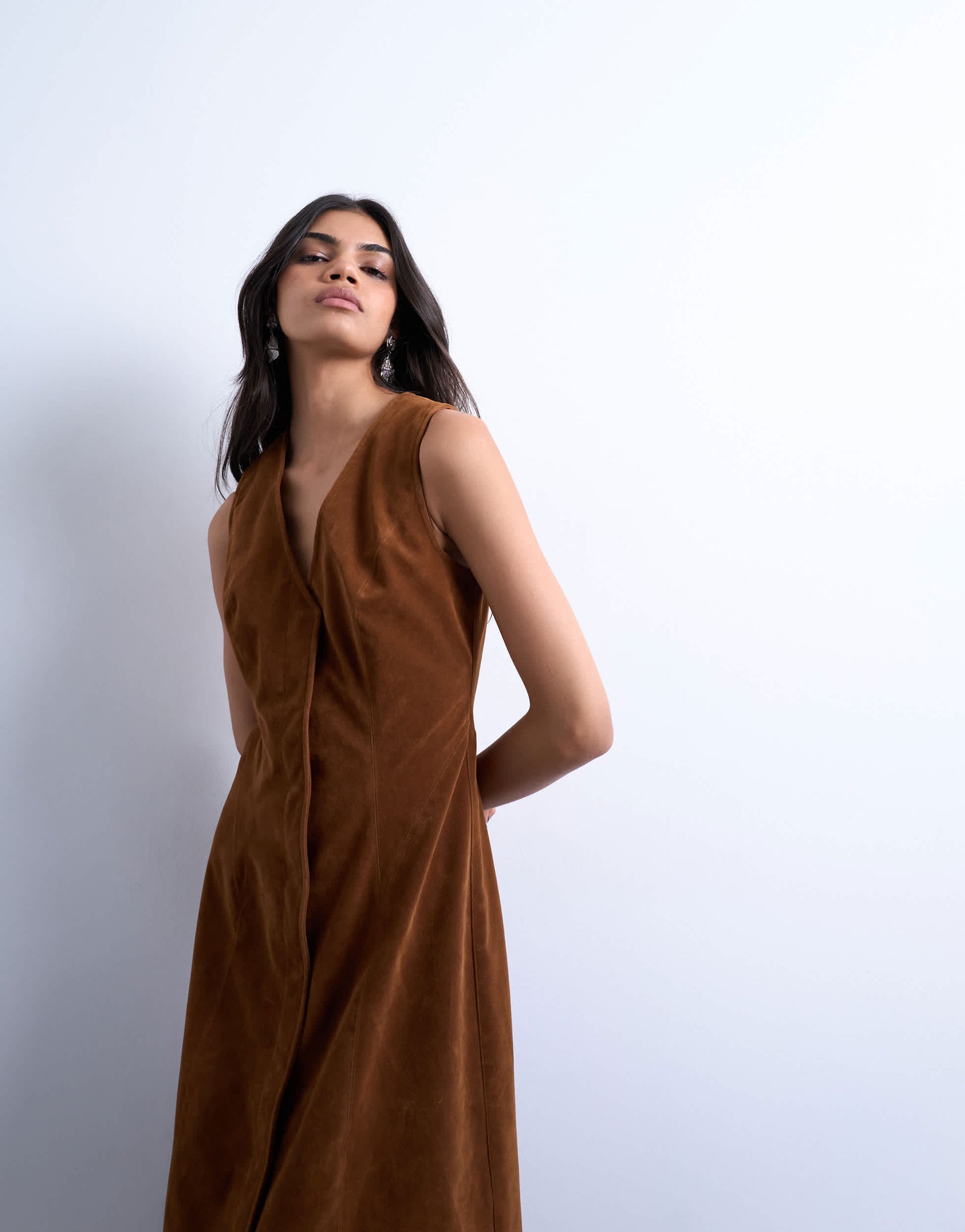 Topshop faux suede hidden button plaquette midi dress in brown