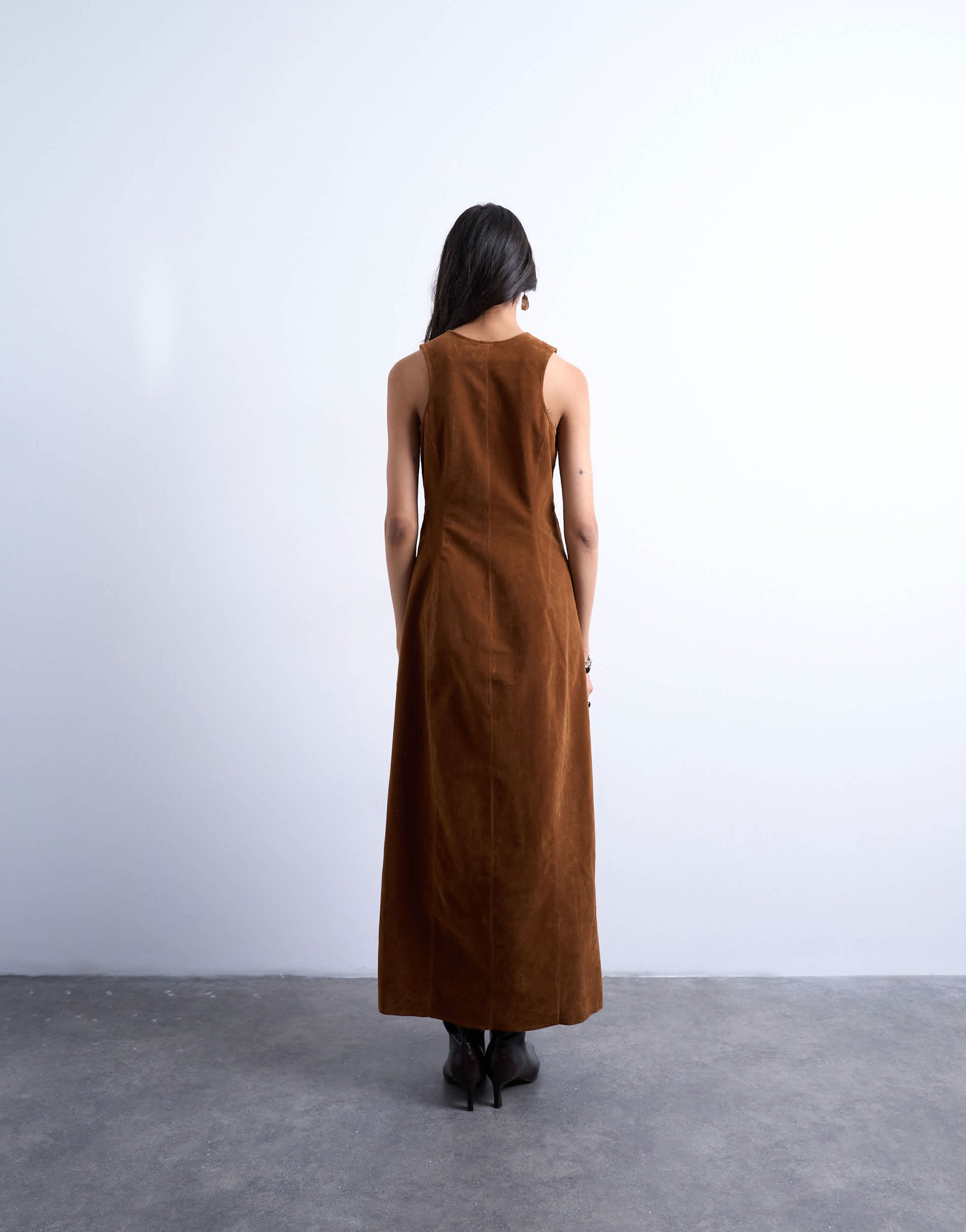 Topshop faux suede hidden button plaquette midi dress in brown