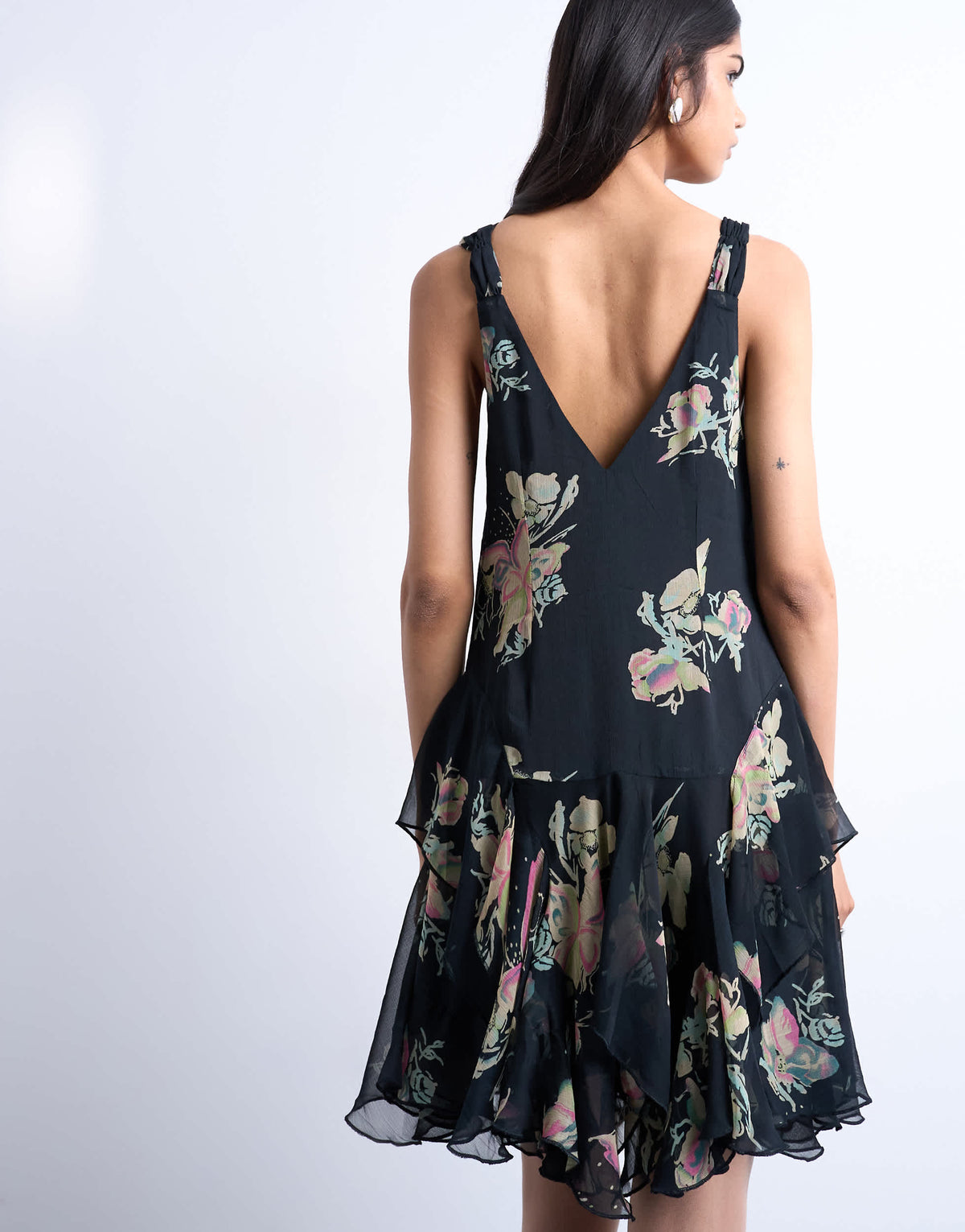 Topshop hanky hem mini dress with pinched straps in black based floral