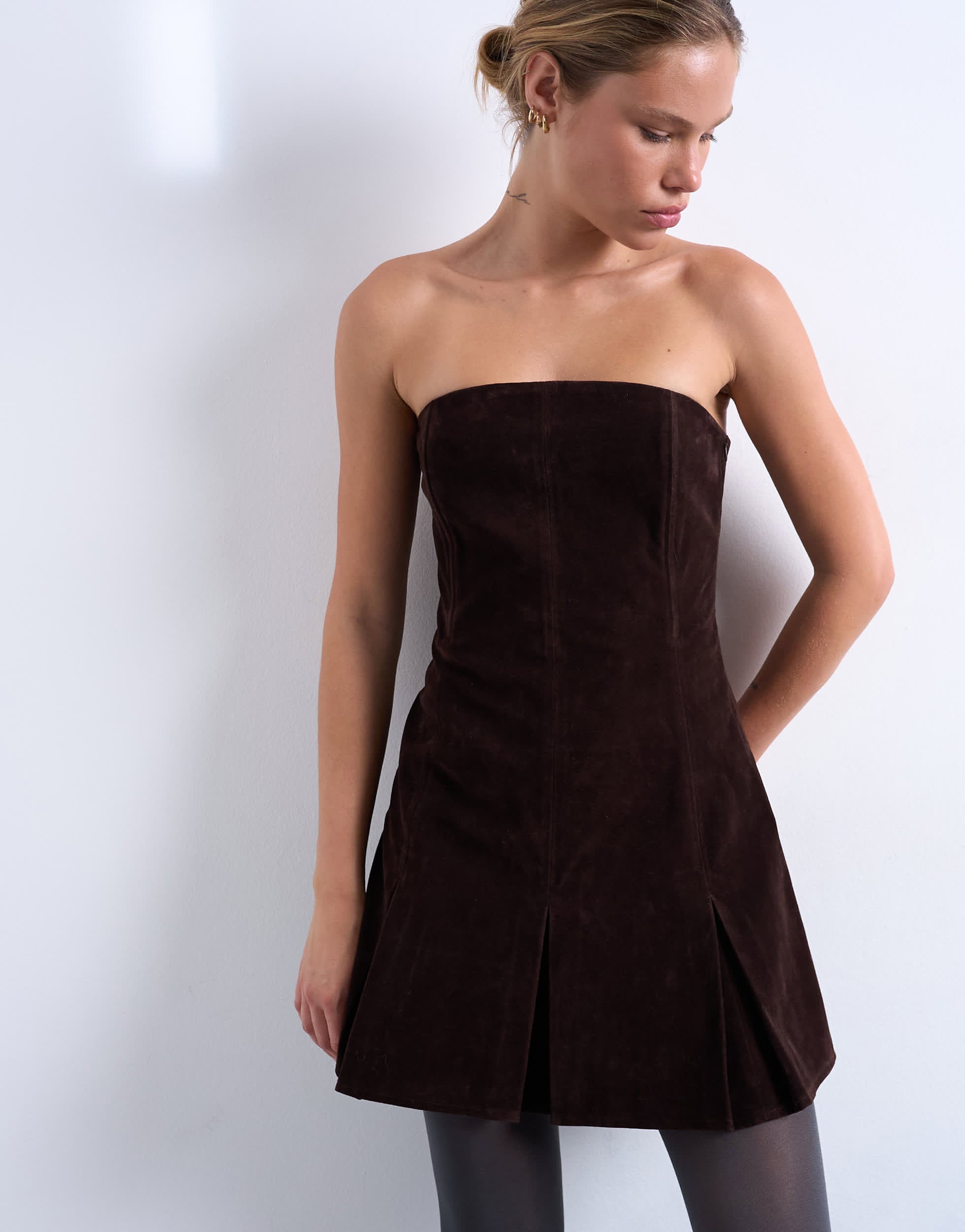 Topshop faux suede mini bandeau with pleated hem in chocolate