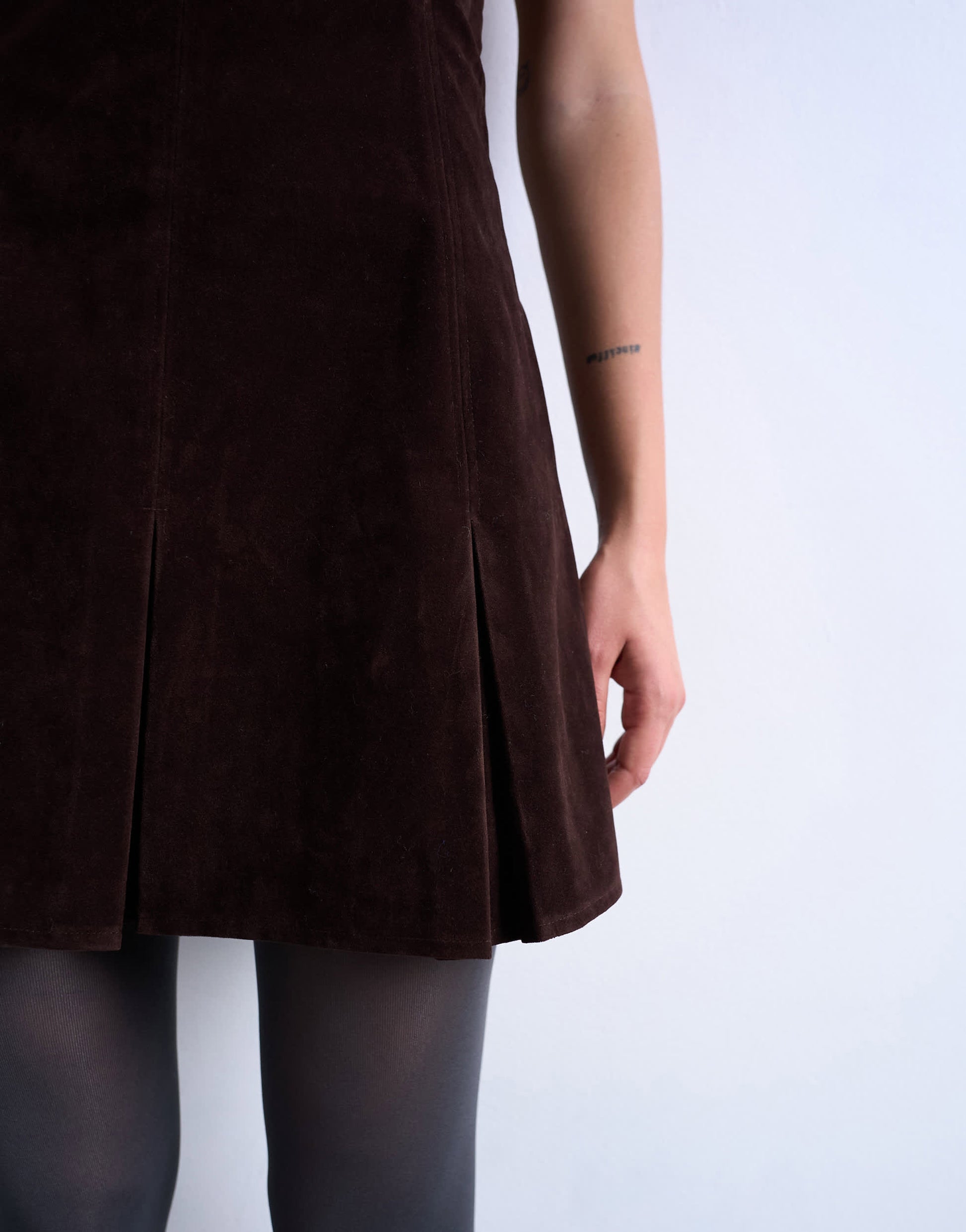 Topshop faux suede mini bandeau with pleated hem in chocolate