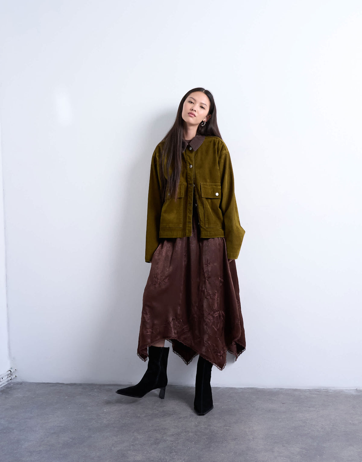 Topshop satin hanky hem midi skirt with lace embroidery in chocolate
