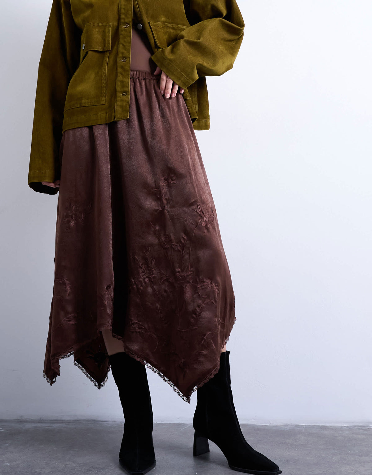 Topshop satin hanky hem midi skirt with lace embroidery in chocolate