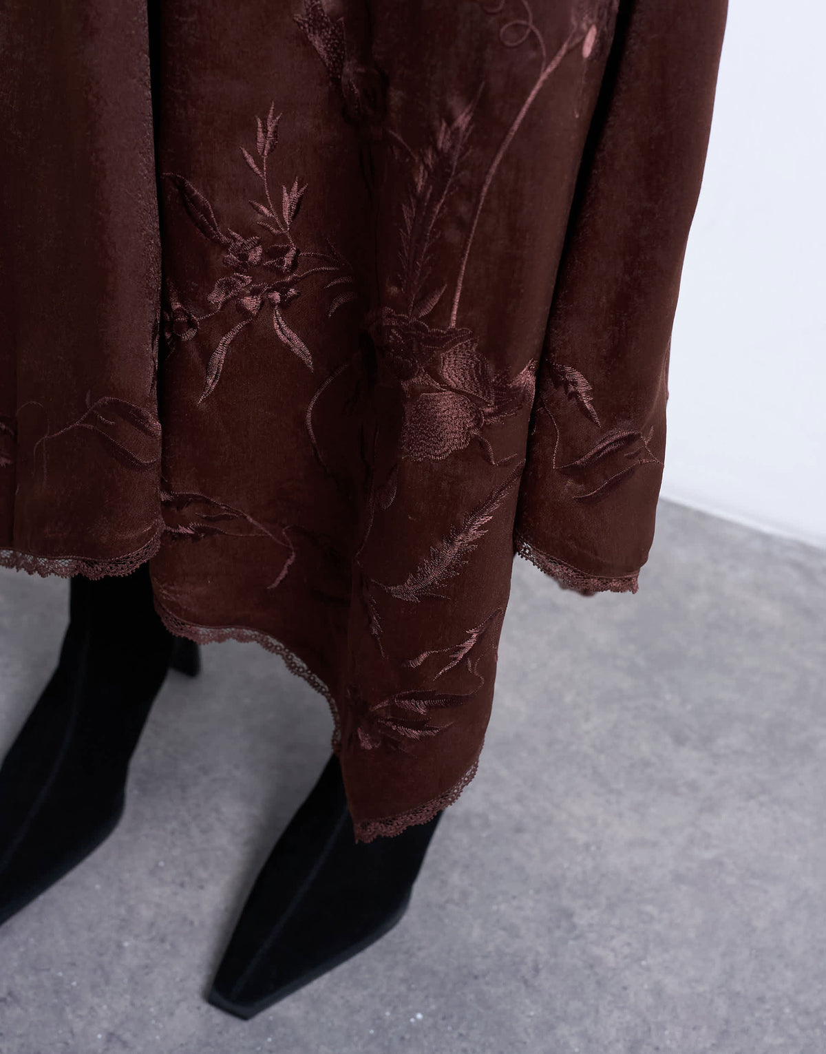 Topshop satin hanky hem midi skirt with lace embroidery in chocolate