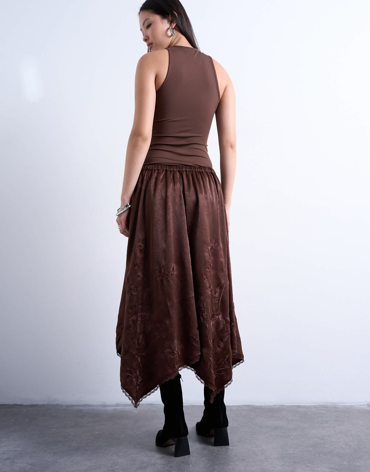 Topshop satin hanky hem midi skirt with lace embroidery in chocolate