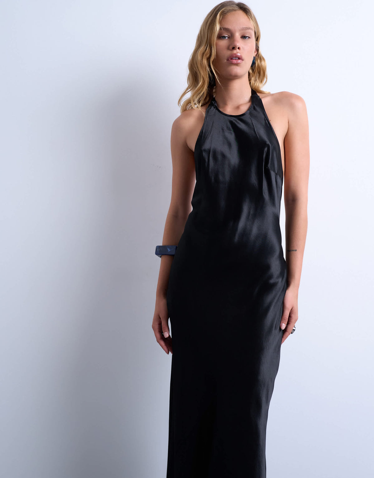 Topshop halter maxi dress in black satin