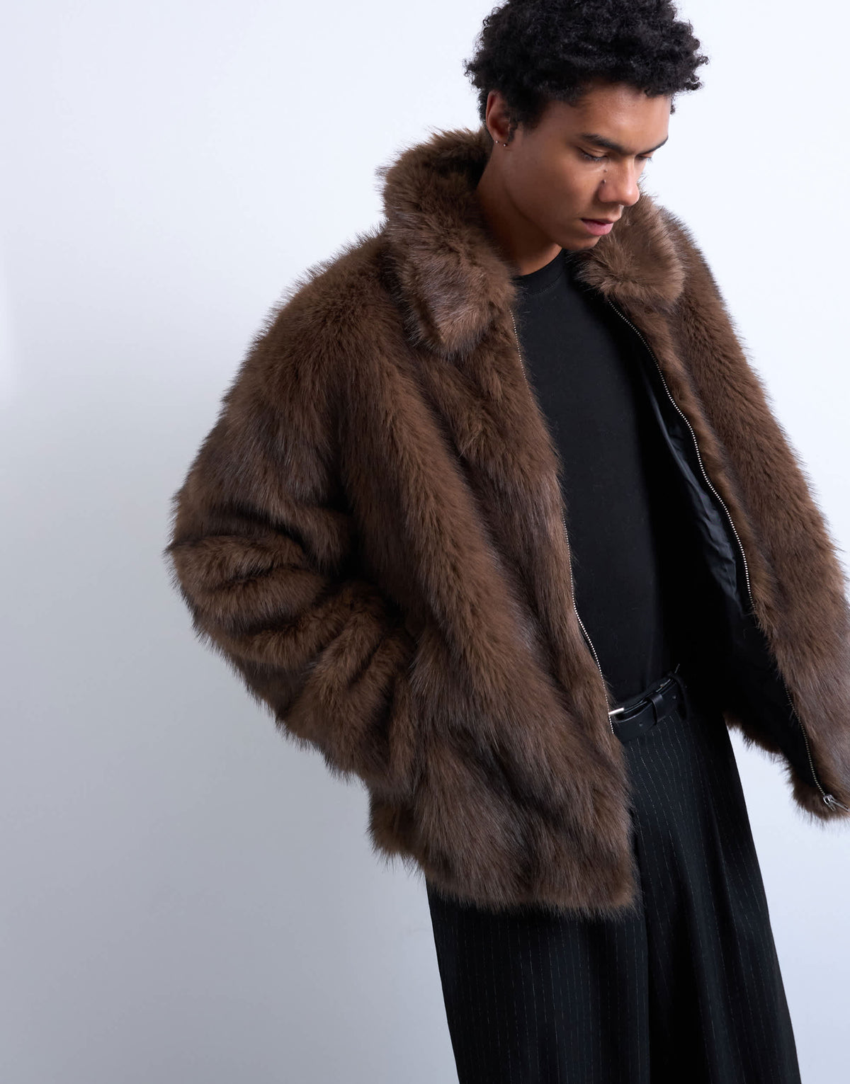 Topman faux fur zip through coat in brown
