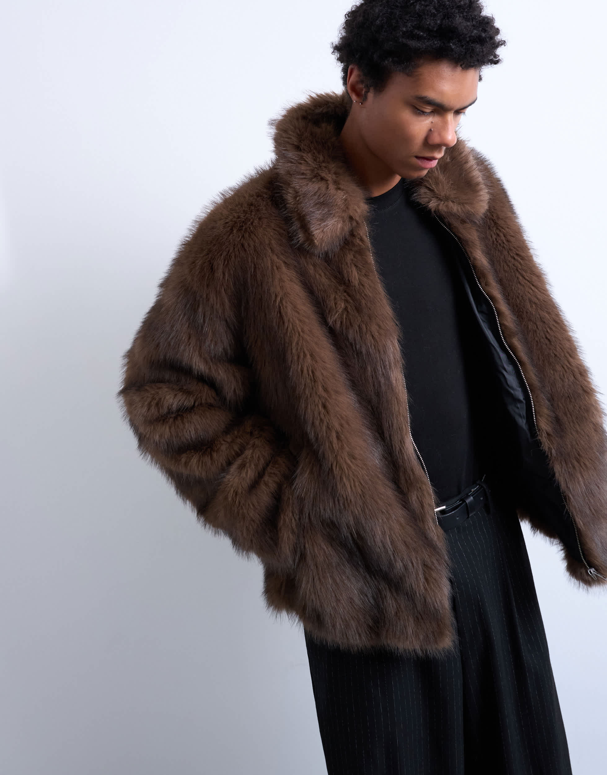 Topman faux fur zip through coat in brown