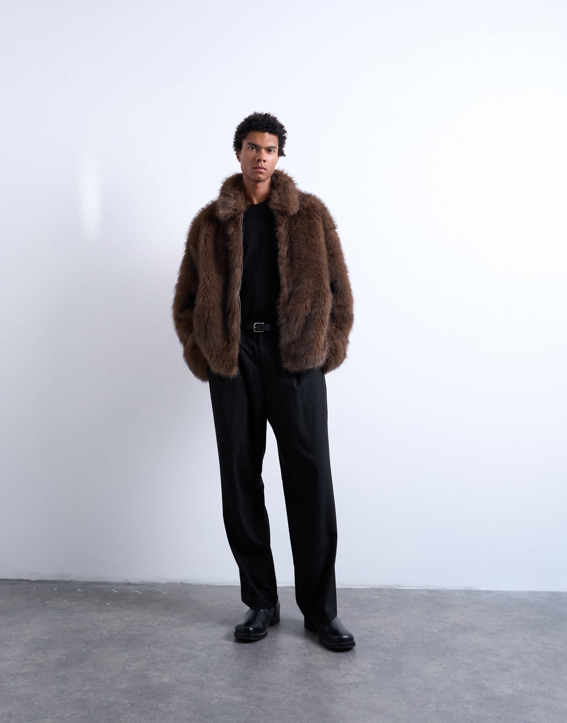 Topman faux fur zip through coat in brown