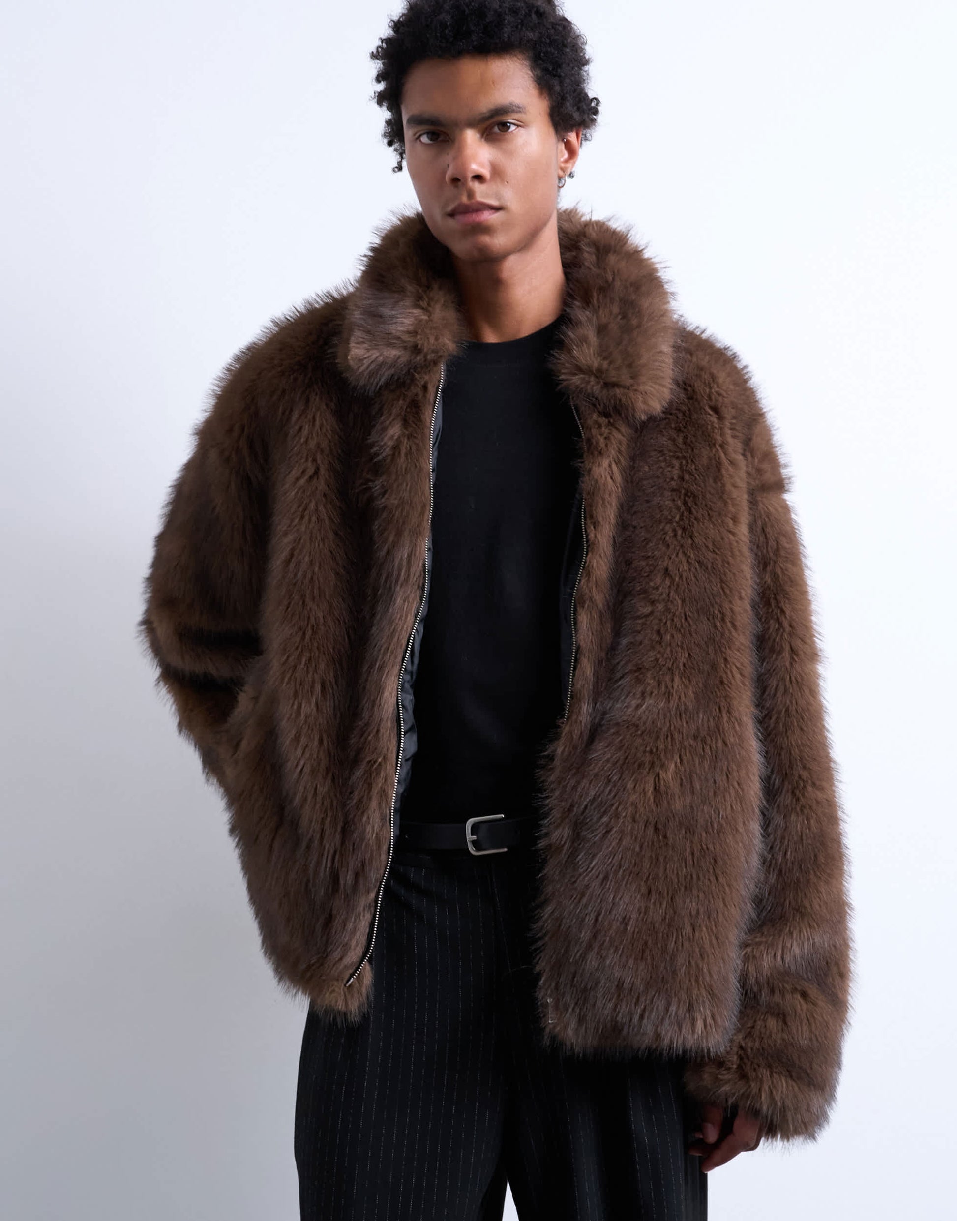 Topman faux fur zip through coat in brown