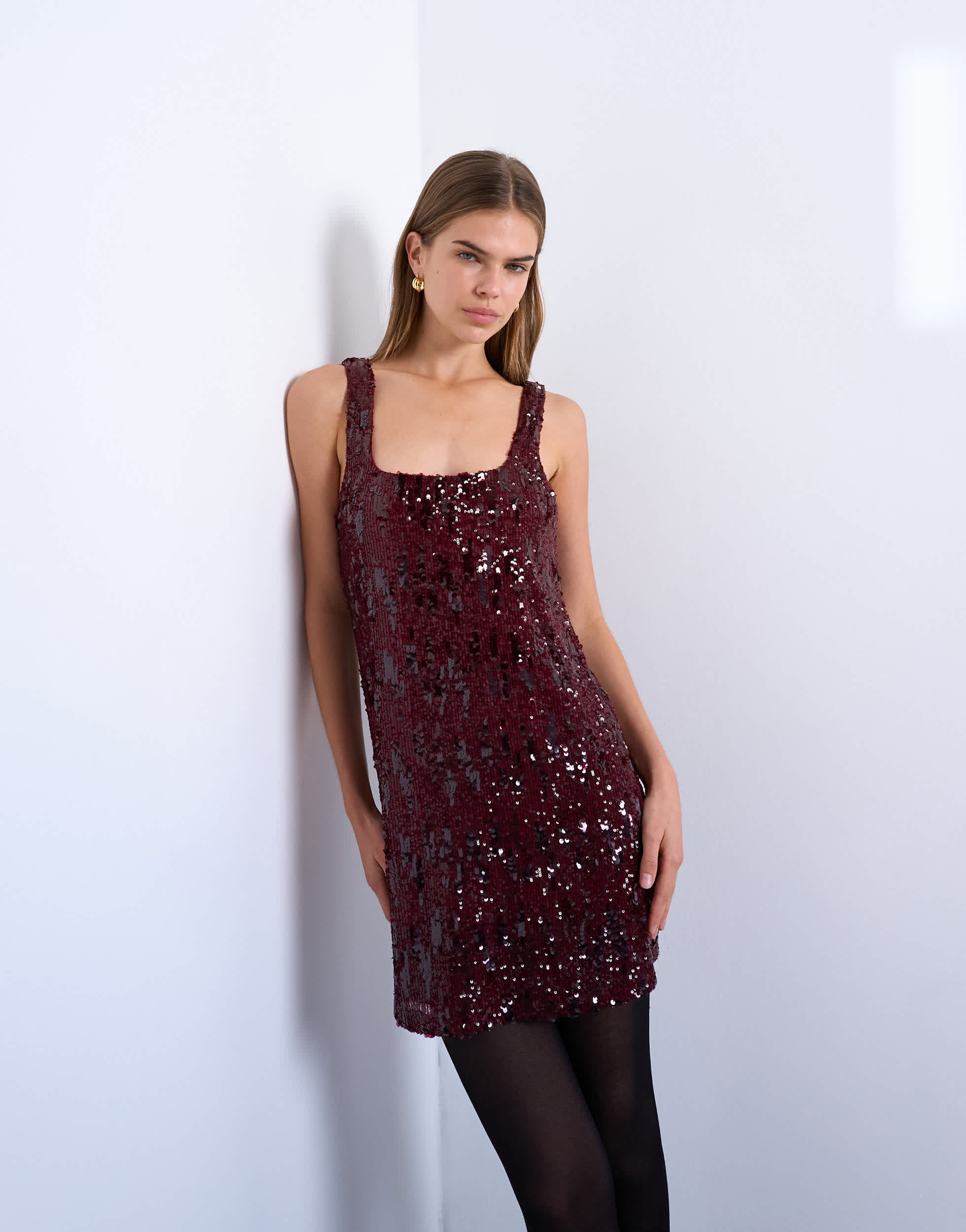 Topshop sequin scoop neck mini dress in burgundy
