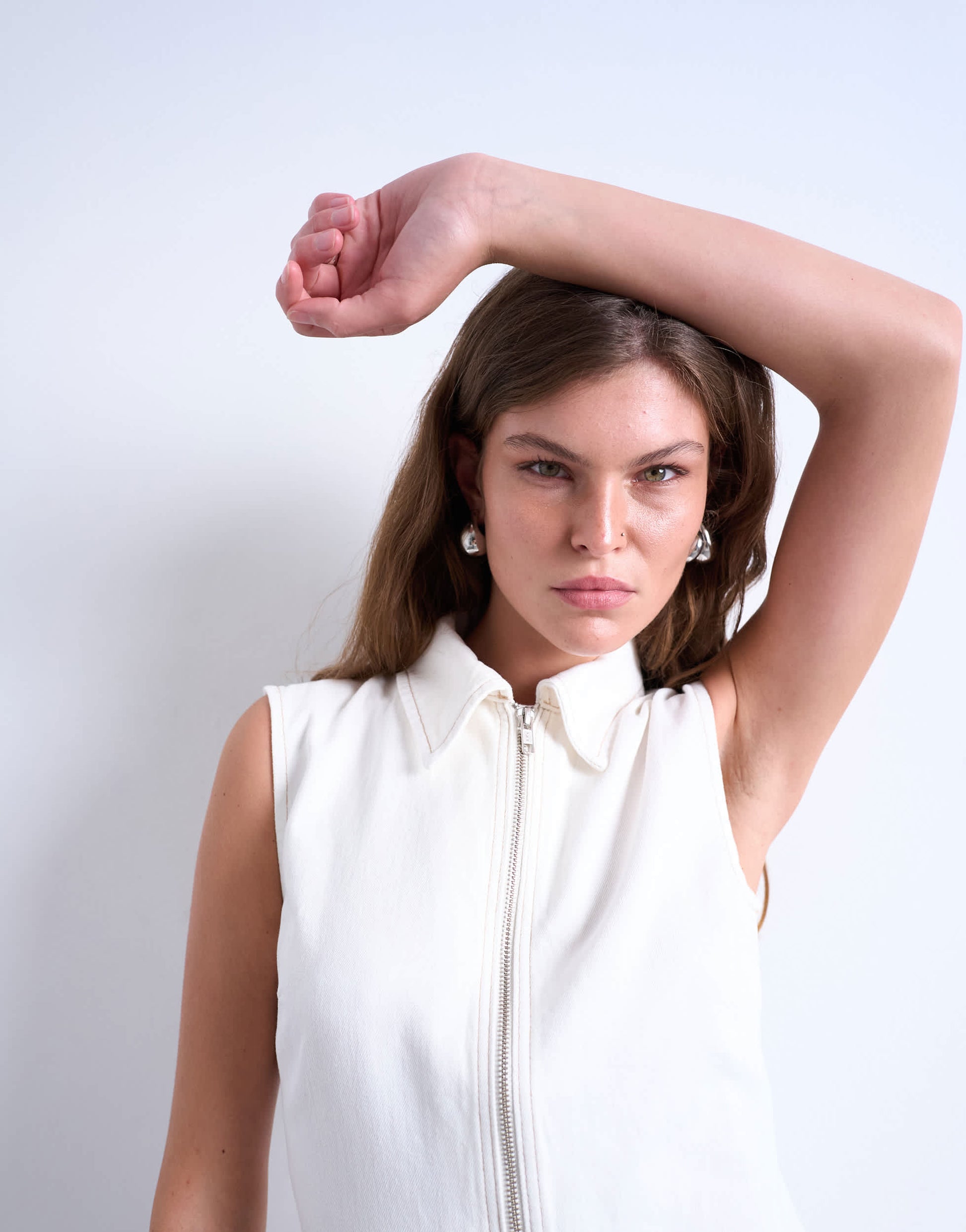 Topshop denim zip through collar sleeveless mini dress in white