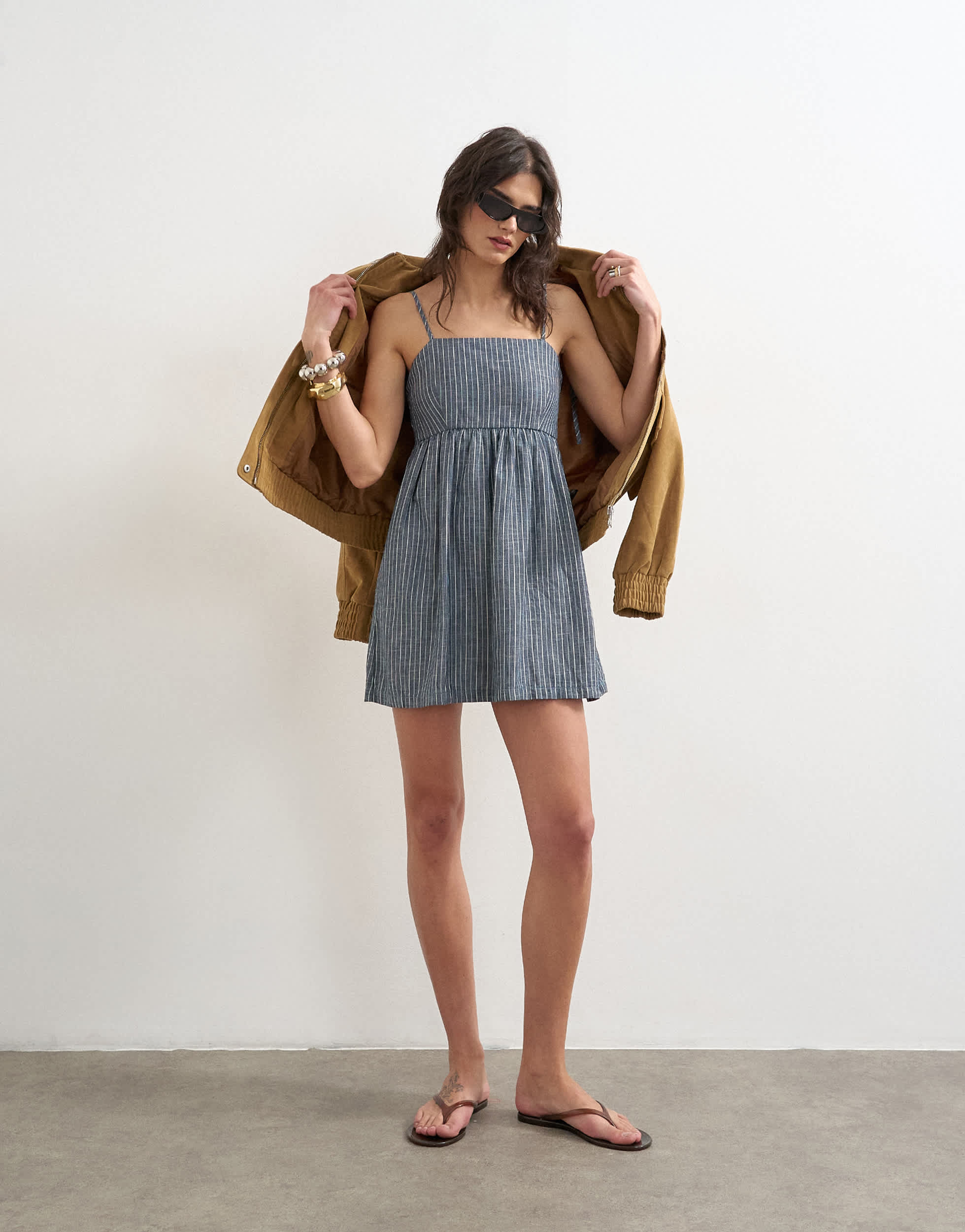 Topshop denim open back strappy dress in blue stripe