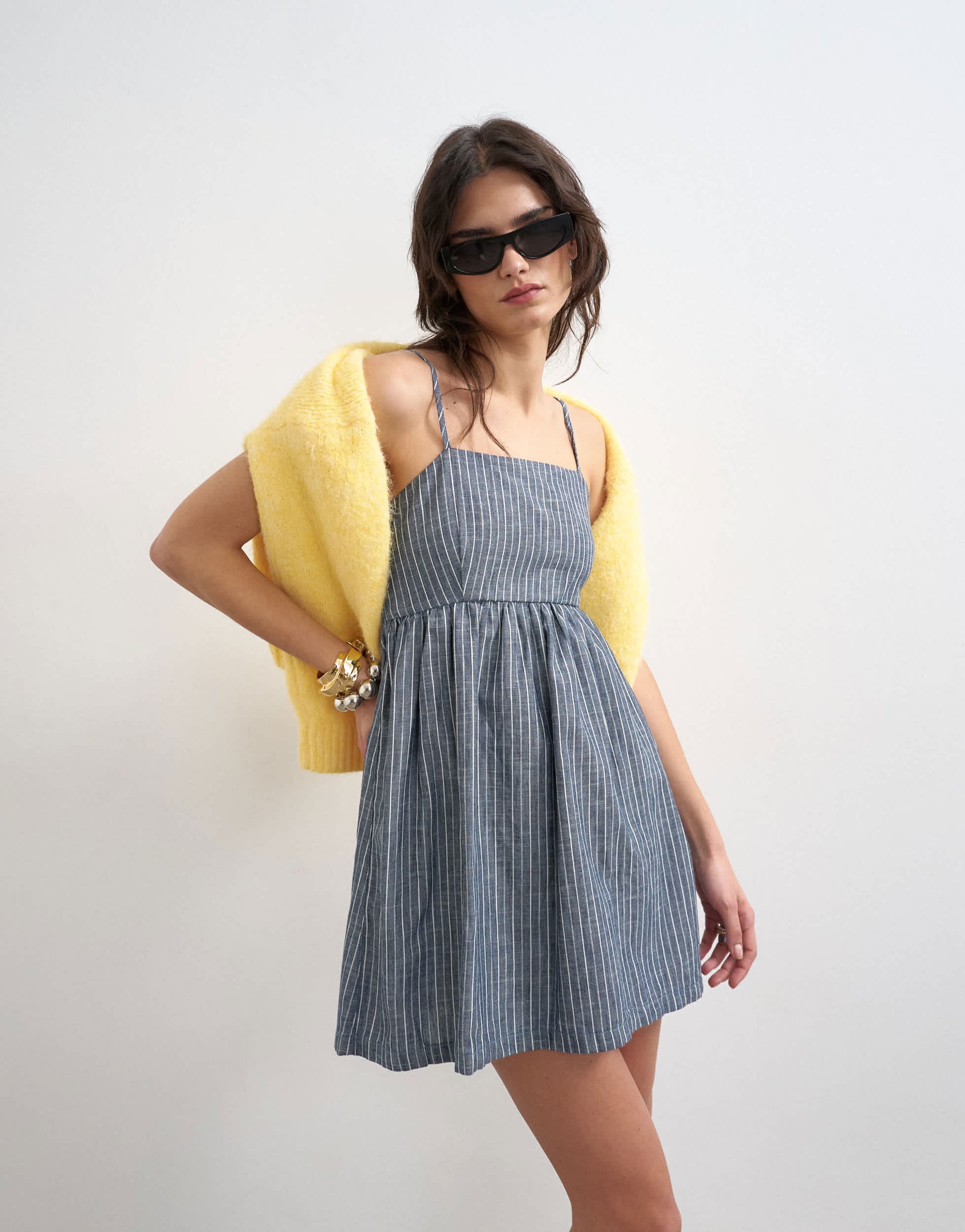 Topshop denim open back strappy dress in blue stripe