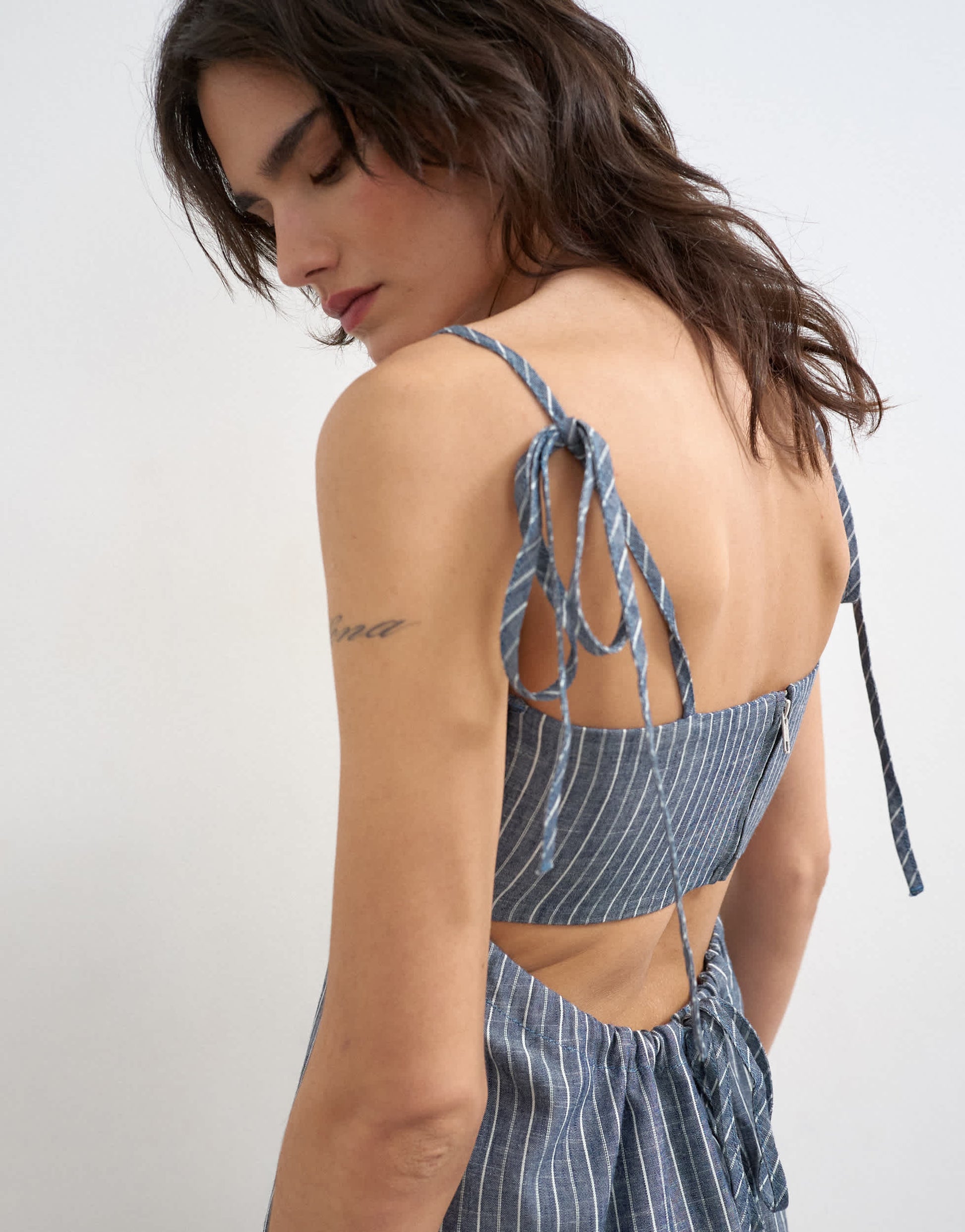 Topshop denim open back strappy dress in blue stripe