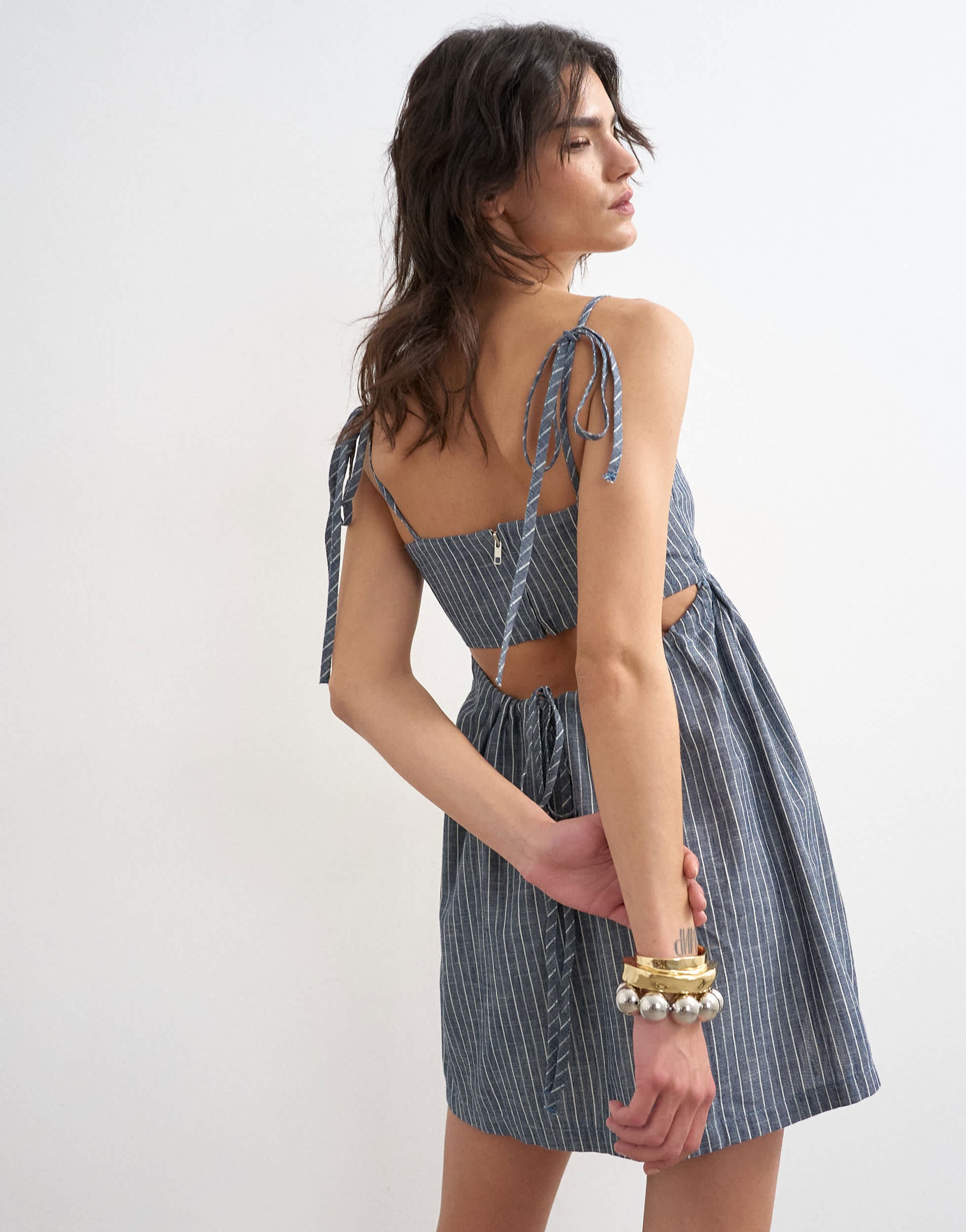 Topshop denim open back strappy dress in blue stripe