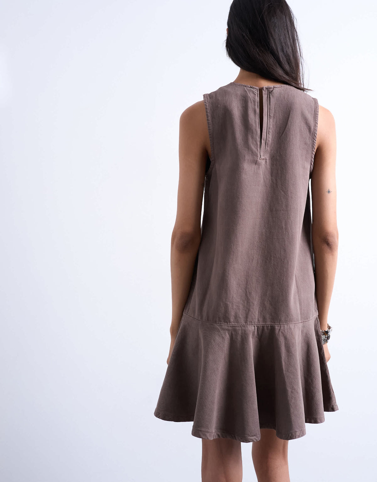 Topshop denim v neck peplum mini dress in brown