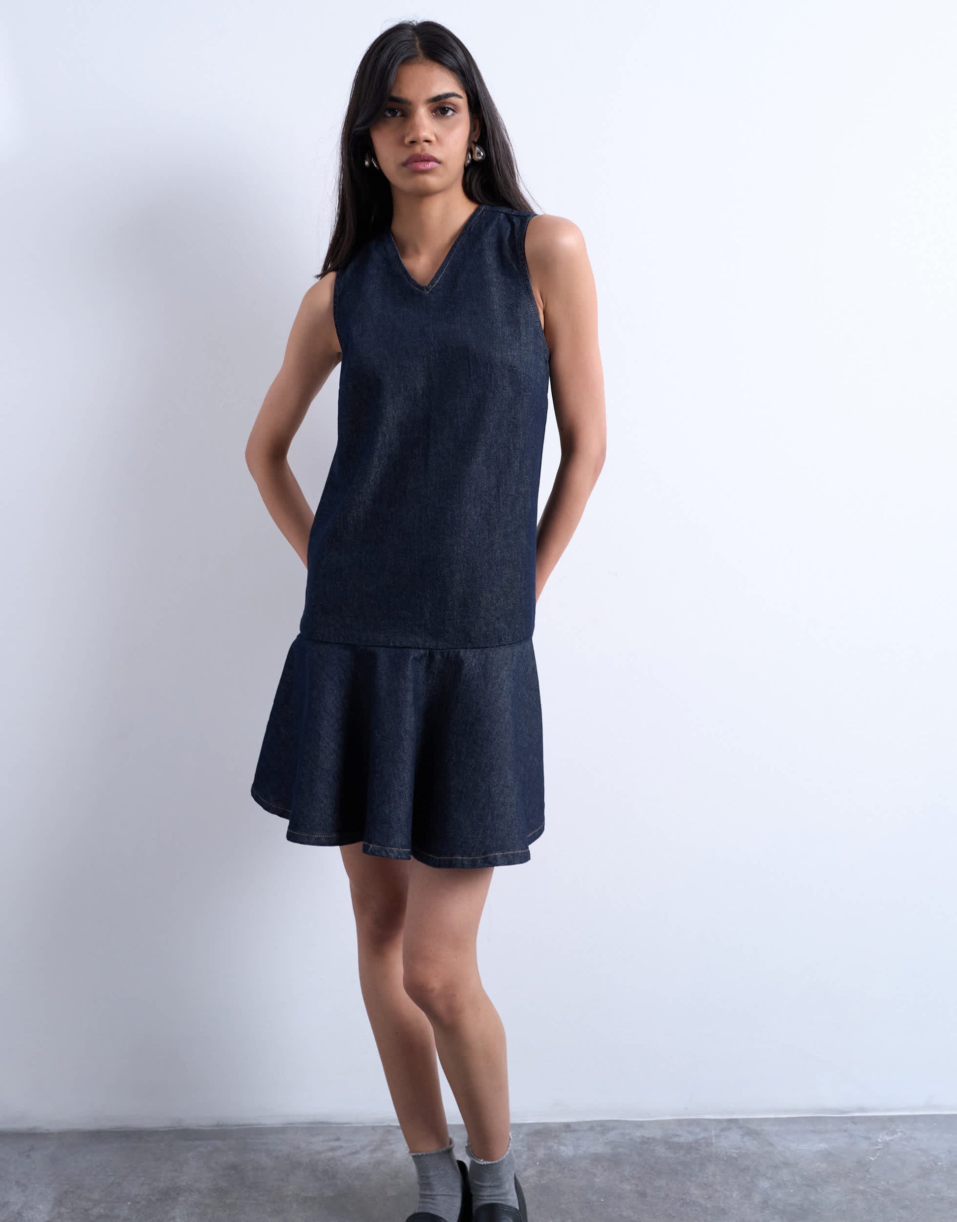 Topshop denim v neck peplum mini dress in indigo rinse