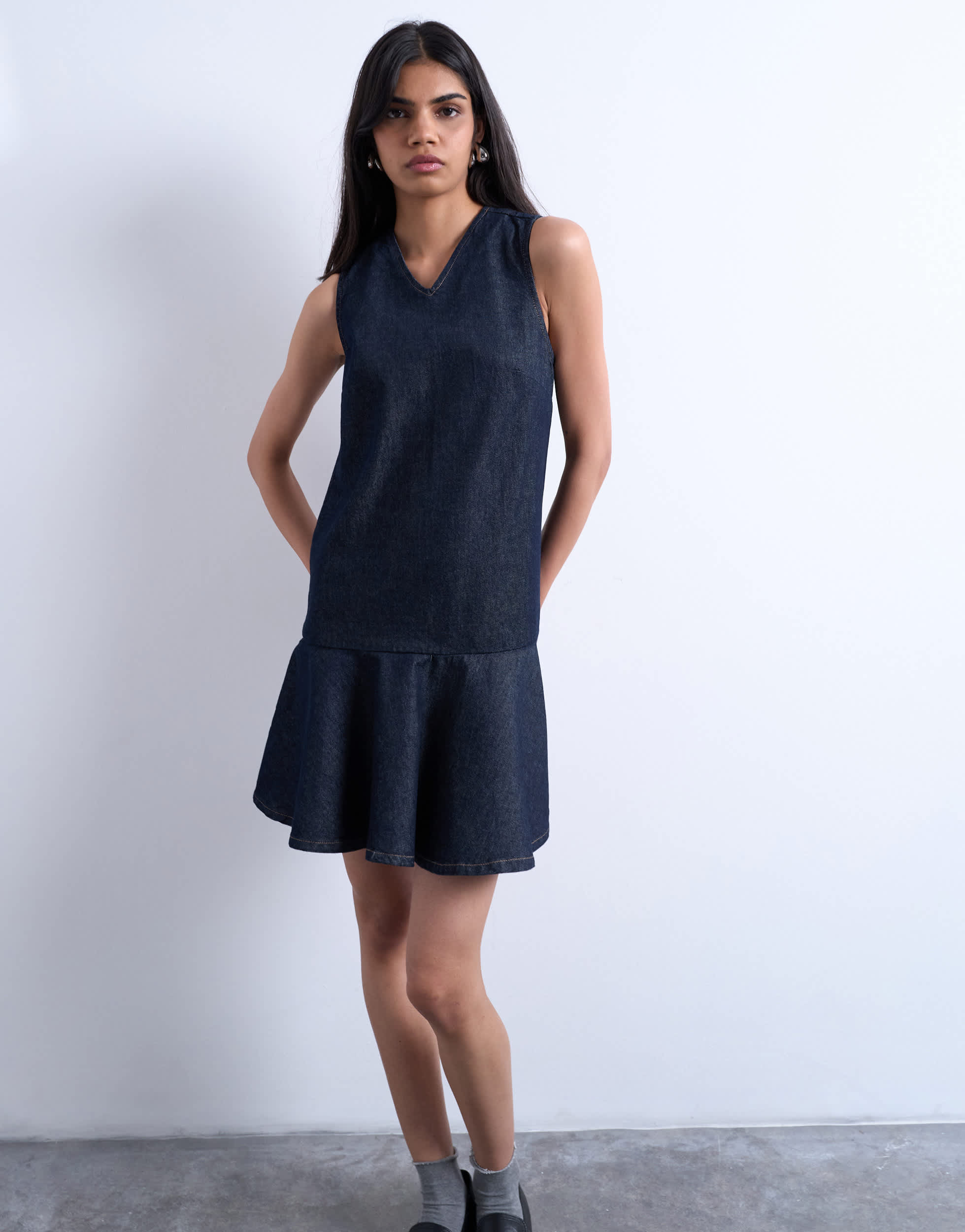 Topshop denim v neck peplum mini dress in indigo rinse