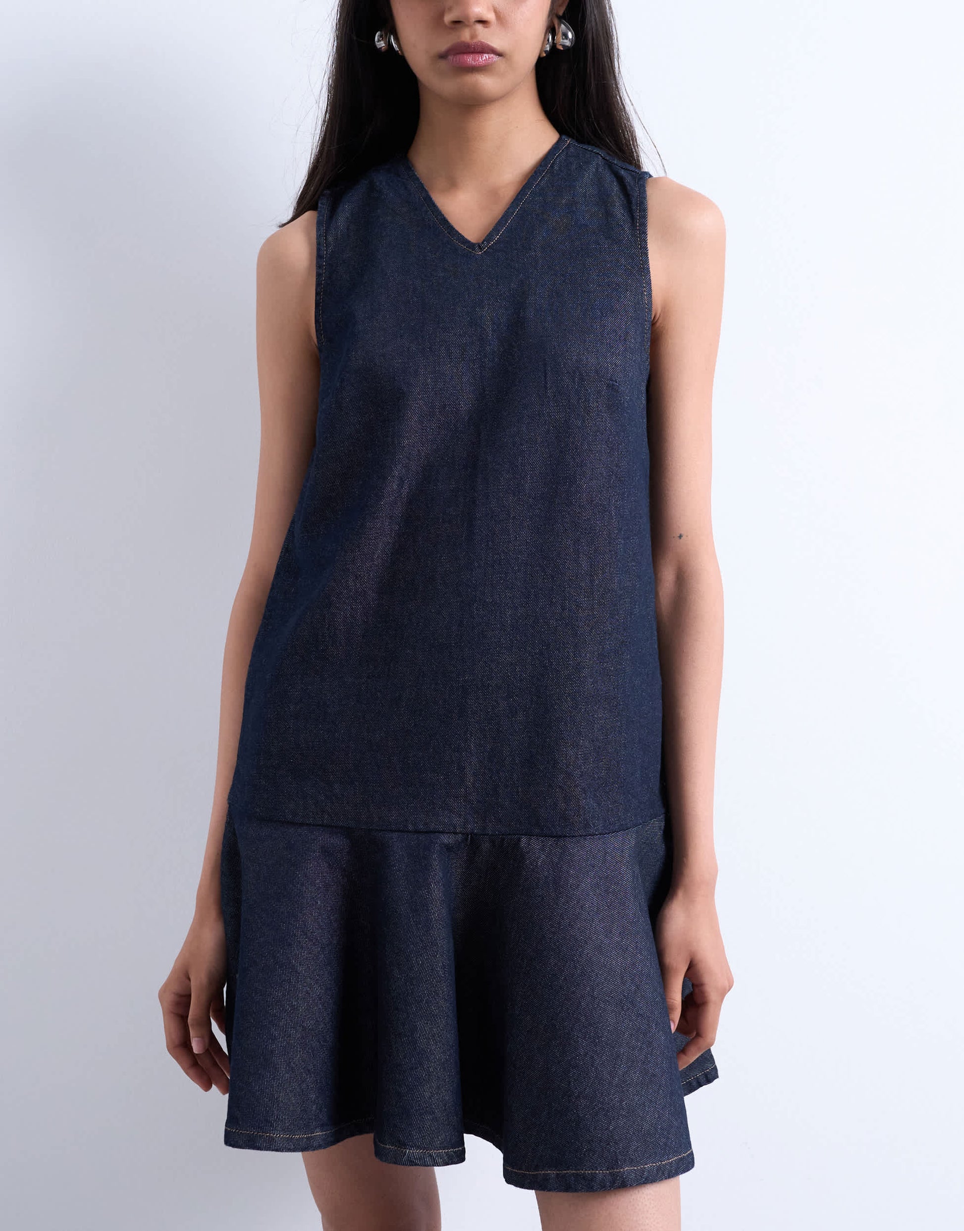 Topshop denim v neck peplum mini dress in indigo rinse