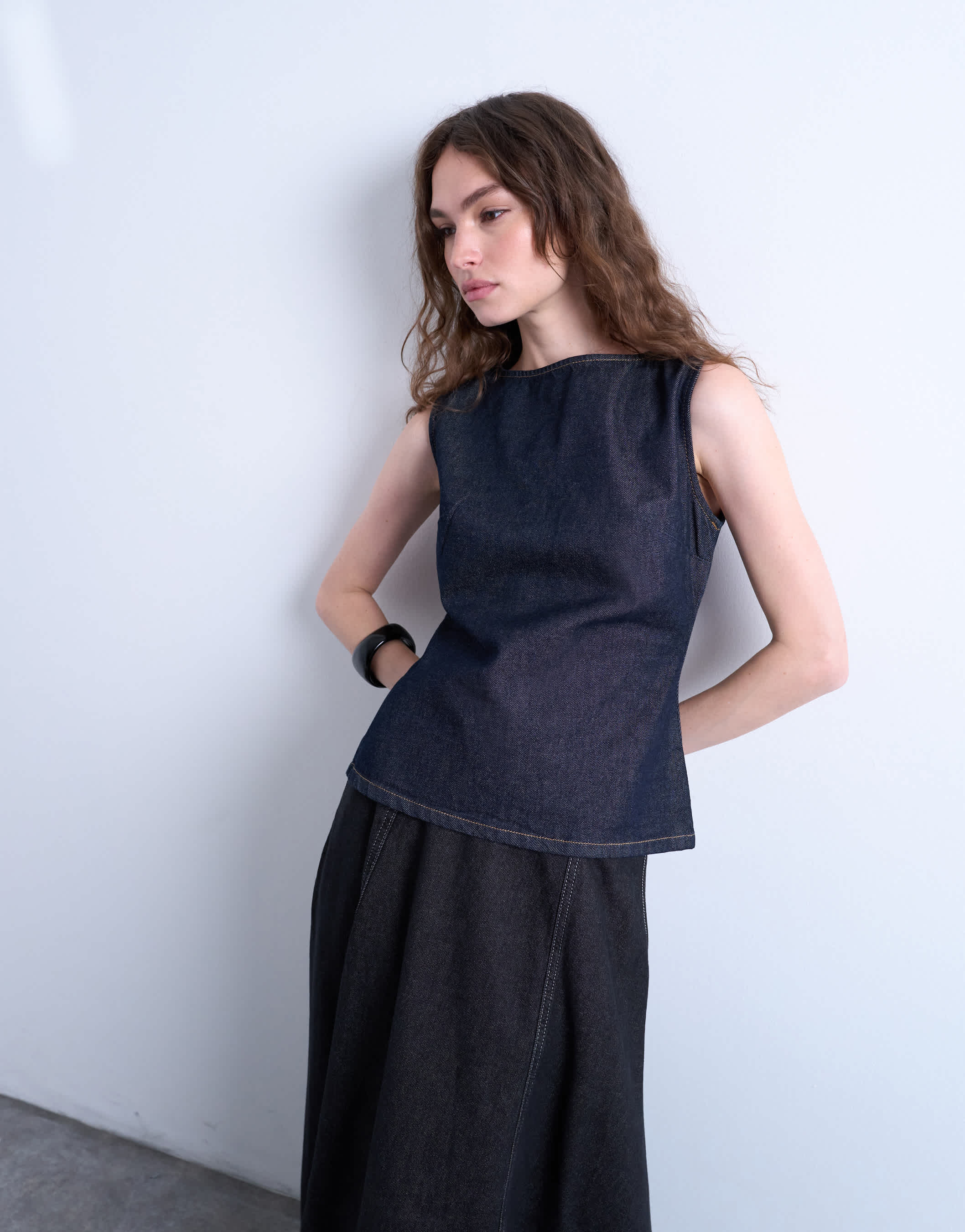 Topshop denim boat neck top in indigo rinse